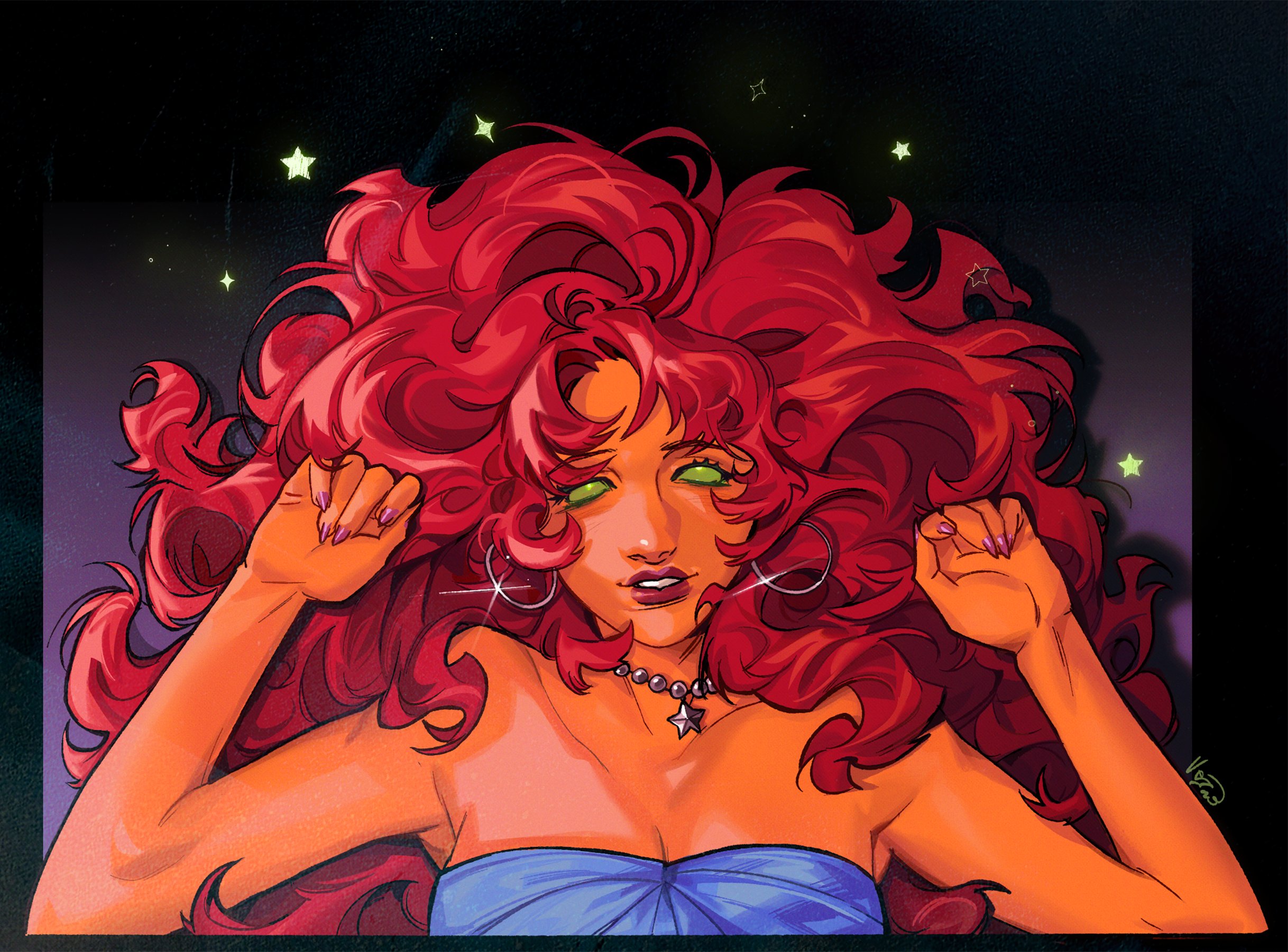 vennro0, starfire, dc comics, teen titans, commentary, english commentary, highres, 1girl, artist name, bare shoulders, blue dress, breasts, cleavage, dress, earrings, green hair, grin, hoop earrings, jewelry, long hair, looking at viewer, necklace, red hair, smile, solo, star (sky), star (symbol)