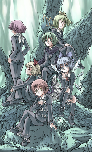 suichuu hanabi, cirno, daiyousei, letty whiterock, mystia lorelei, rumia, wriggle nightbug, touhou, lowres, 6+girls, antennae, blonde hair, blue eyes, blue hair, bow, cape, fairy wings, female focus, formal clothes, fusuma, green eyes, green hair, hair bow, ice, multiple girls, pant suit, pants, pink hair, ponytail, red eyes, sliding doors, suit, team 9 (touhou), tree, wings, yellow eyes