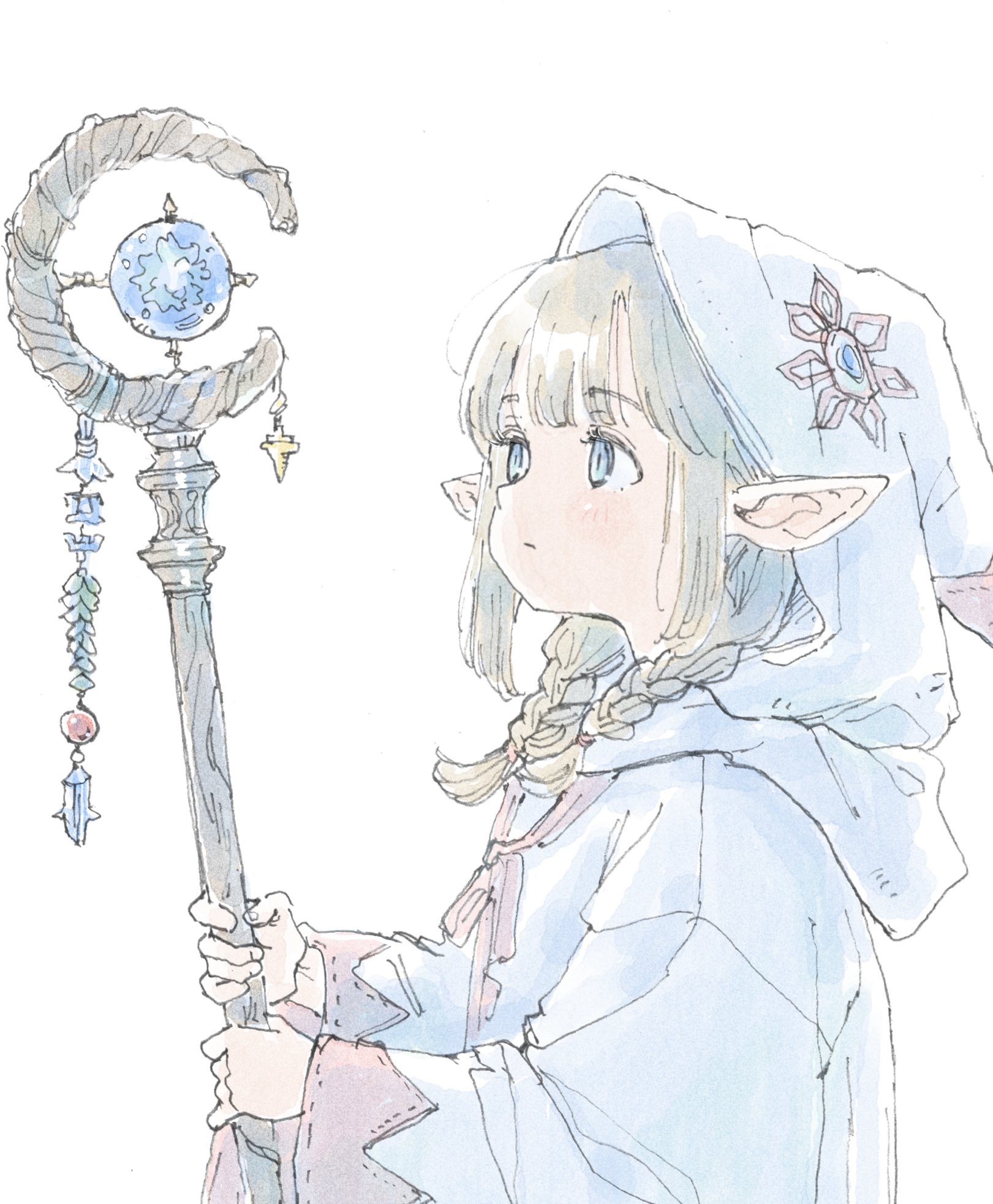 poranka (porankaran), original, highres, 1girl, blonde hair, blue eyes, braid, holding, holding staff, hood, hood up, hooded robe, light blush, long sleeves, low twin braids, mage staff, pointy ears, red trim, robe, sidelocks, simple background, solo, staff, twin braids, white background, white robe, wide sleeves