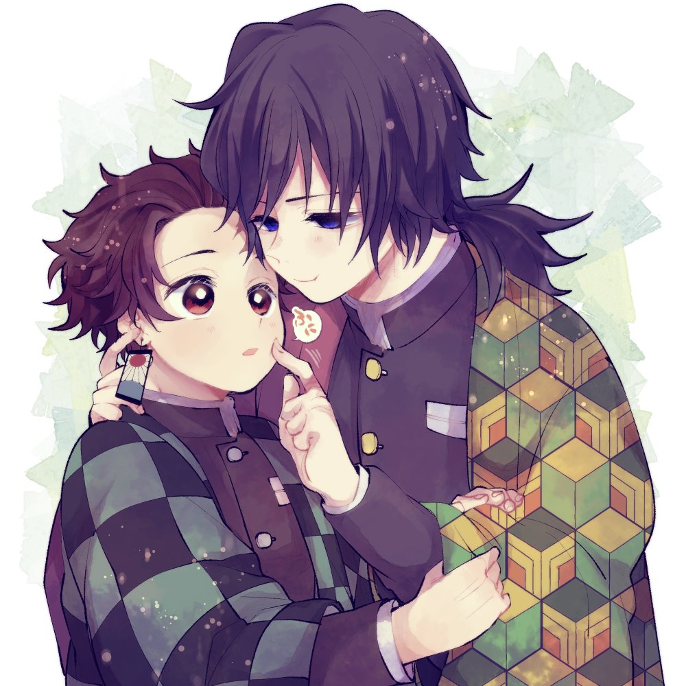 aoi choko (aoichoco), kamado tanjirou, tomioka giyuu, kimetsu no yaiba, 2boys, black hair, black jacket, blue eyes, brown eyes, brown hair, buttons, demon slayer uniform, earrings, empty eyes, gold buttons, hanafuda earrings, haori, jacket, japanese clothes, jewelry, kikkoumon, looking at another, low ponytail, male focus, multiple boys, parted lips, ponytail, print haori, red haori, spiked hair, upper body