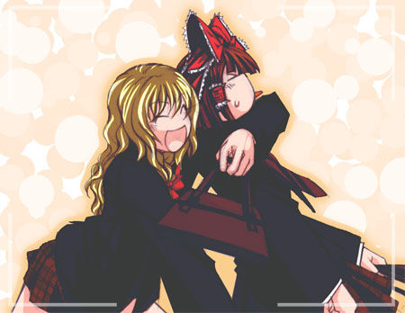 chado, hakurei reimu, kirisame marisa, touhou, ^o^, lowres, > <, 2girls, ^ ^, alternate costume, blonde hair, bow, brown hair, closed eyes, female focus, frilled bow, frilled hair tubes, frills, gradient background, hair bow, hair tubes, hug, hug from behind, jacket, long sleeves, multiple girls, plaid clothes, plaid skirt, red bow, school uniform, serafuku, skirt