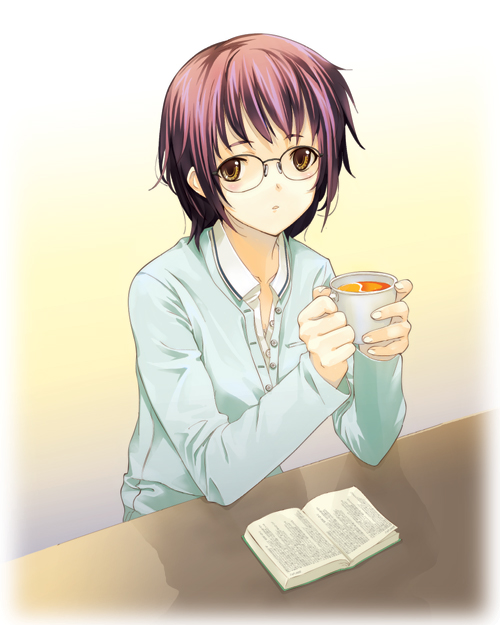 dasoku sentarou, original, 1girl, book, brown eyes, cardigan, collar, collarbone, cup, female focus, glasses, holding, looking at viewer, open book, purple hair, rimless eyewear, short hair, sitting, solo, tea, teacup, upper body, yellow eyes