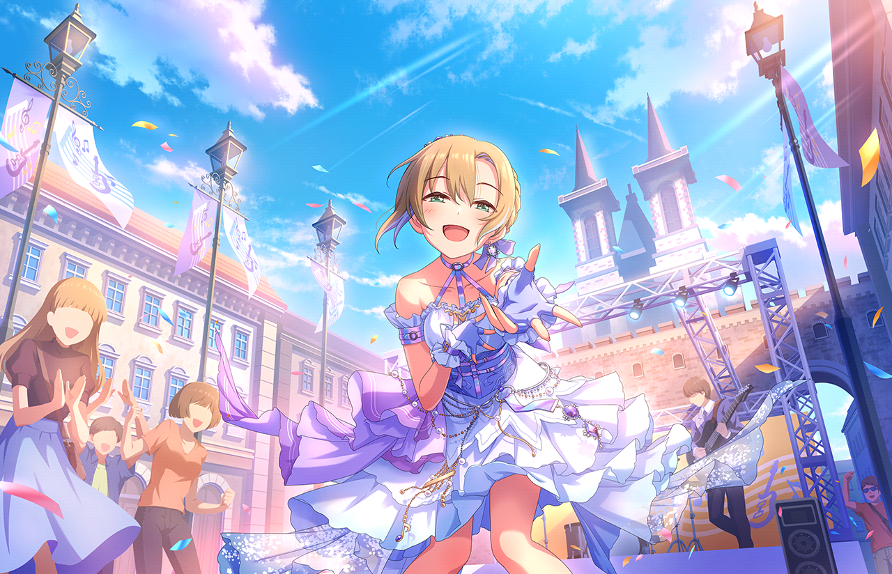 tada riina, idolmaster, idolmaster cinderella girls, idolmaster cinderella girls starlight stage, game cg, official art, armlet, braid, brown hair, building, cloud, confetti, dress, faceless, fingerless gloves, glasses, gloves, green eyes, instrument, jewelry, lamppost, musical note, open mouth, pants, reaching, reaching towards viewer, stage lights, stereo, window