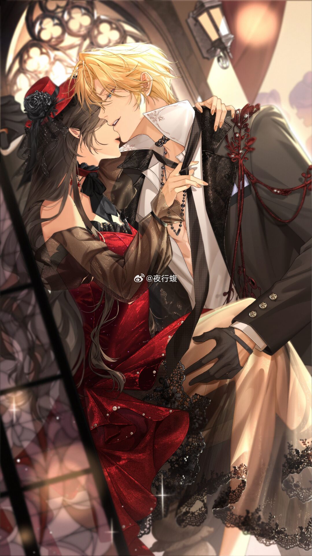 heroine (lovebrush chronicles), lars rorschach, lovebrush chronicles, chinese commentary, highres, 1boy, 1girl, aqua eyes, bead necklace, beads, black flower, black gloves, black hair, black jacket, black necktie, black ribbon, black rose, black sleeves, blonde hair, blurry, chain choker, choker, clothes grab, couple, covered eyes, cuff links, curtained hair, depth of field, detached sleeves, dress, earrings, evening gown, face-to-face, feet out of frame, fingernails, flower, from side, gem, glint, gloves, hair between eyes, hand on another's shoulder, hand on another's thigh, hat, hat flower, hetero, jacket, jewelry, lace, lace-trimmed dress, lace trim, lantern, lapels, layered dress, lens flare, long dress, long hair, long sleeves, looking at another, mini hat, neck ribbon, necklace, necktie, necktie grab, neckwear grab, notched lapels, open clothes, open jacket, parted lips, partially unbuttoned, pendant choker, popped collar, profile, red choker, red dress, red gemstone, red hat, red ribbon, ribbon, rose, see-through clothes, see-through dress, see-through sleeves, shirt, short hair, sitting, smile, sparkle, stained glass, standing, station necklace, strapless, strapless dress, stud earrings, watermark, wavy hair, weibo watermark, white gemstone, white shirt, window, yexing fu