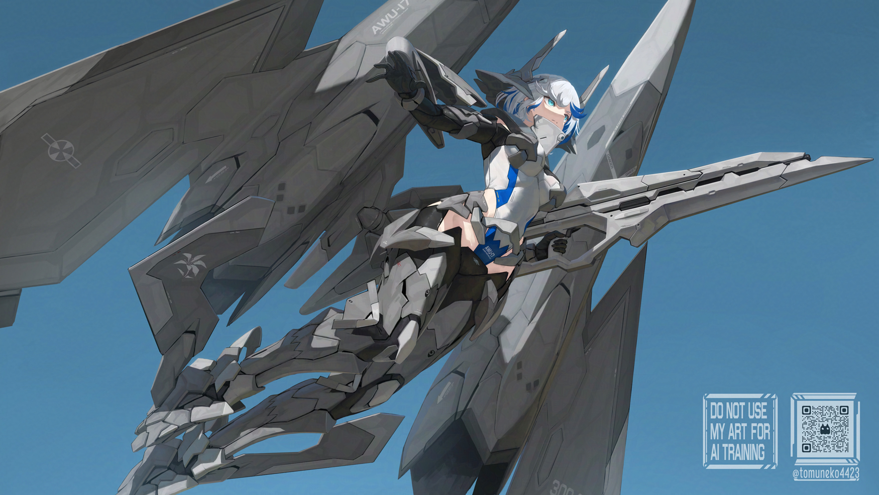 tom-neko (zamudo akiyuki), original, highres, 1girl, armor, armored boots, blue eyes, blue hair, boots, flying, headgear, leotard, mecha musume, multicolored hair, qr code, solo, streaked hair, thrusters, two-tone hair, white hair, white leotard, wings