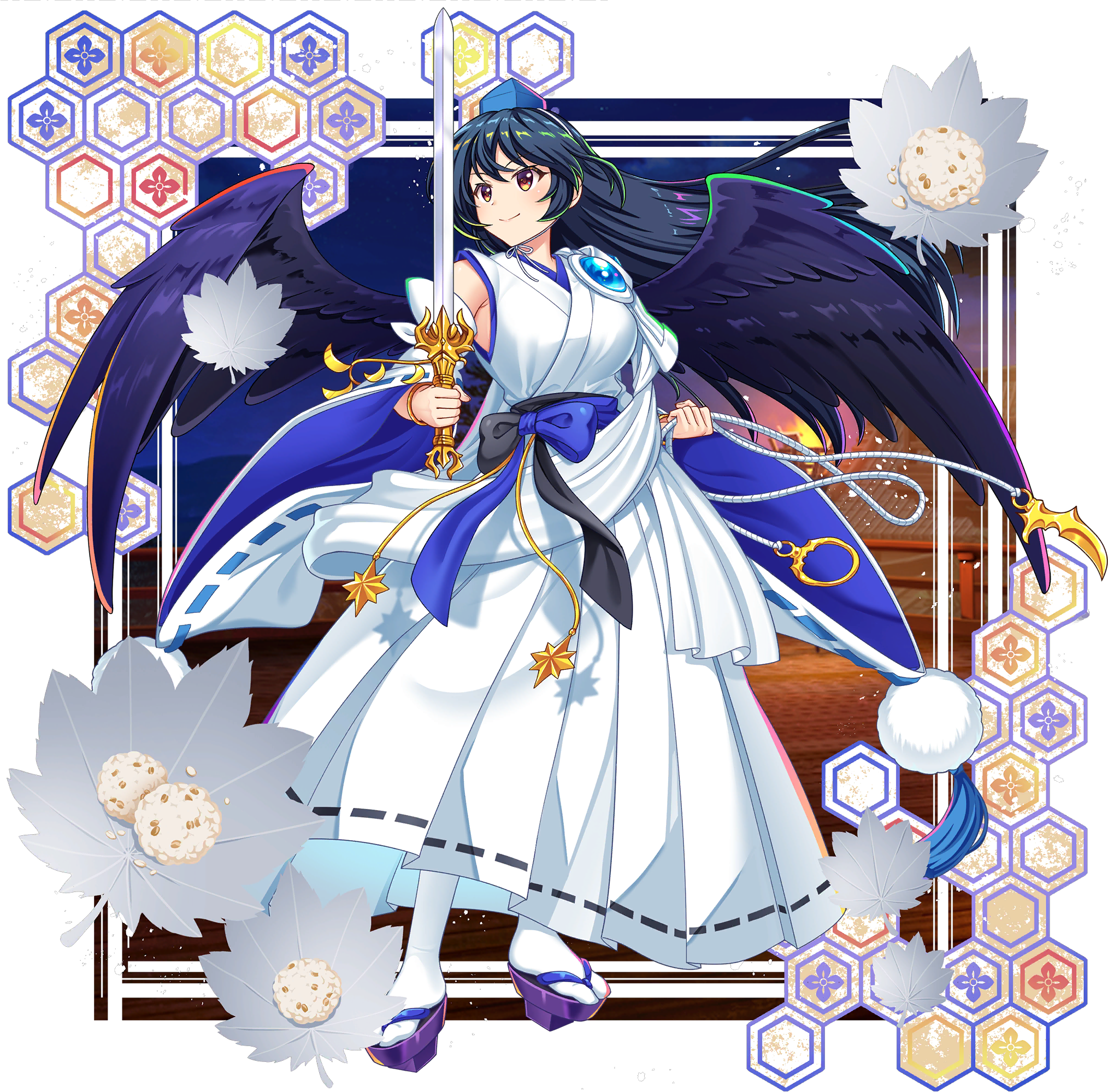 rotte (1109), iizunamaru megumu, touhou, touhou lostword, food request, game cg, highres, official art, third-party source, 1girl, alternate costume, bird wings, blue hair, blue hat, breasts, closed mouth, detached sleeves, falling leaves, feathered wings, food, geta, hakama, hakama skirt, hat, holding, holding sword, holding weapon, japanese clothes, kimono, leaf, long hair, pantyhose, pom pom (clothes), purple sandals, red eyes, ribbon-trimmed sleeves, ribbon trim, sandals, skirt, smile, solo, sword, tengu-geta, tokin hat, transparent background, very long hair, weapon, white hakama, white kimono, white pantyhose, wings