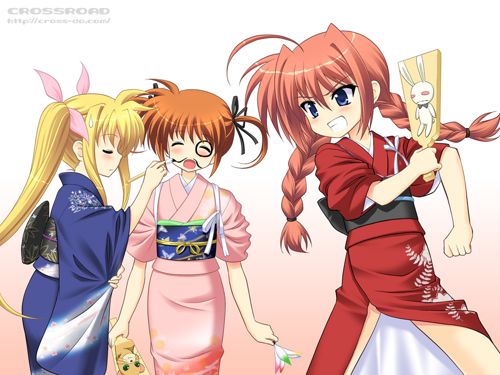 masakichi (crossroad), fate testarossa, takamachi nanoha, vita (nanoha), yuuno scrya, lyrical nanoha, mahou shoujo lyrical nanoha, mahou shoujo lyrical nanoha a's, 00s, 3girls, ahoge, blonde hair, blue eyes, blush, braid, circle name, closed eyes, drawing on another's face, ferret, hagoita, hanetsuki, japanese clothes, kimono, long hair, multiple girls, paddle, red hair, stuffed animal, stuffed rabbit, stuffed toy, sweatdrop, twin braids, twintails, watermark, web address