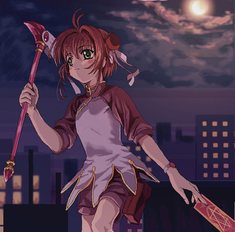 mutsuki (moonknives), anita king, clow card, kinomoto sakura, cardcaptor sakura, kodansha, r.o.d the tv, read or die, shueisha, non-web source, 1girl, anita king (cosplay), child, cityscape, cloud, cosplay, female focus, fuuin no tsue, magical girl, moon, night, solo