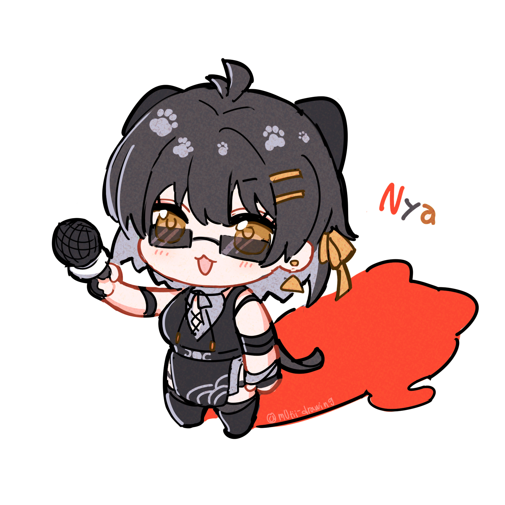 female rover (wuthering waves), rover (wuthering waves), wuthering waves, commentary, english commentary, highres, 1girl, antenna hair, black bow, black dress, black hair, bow, breasts, chibi, chibi only, colored inner hair, dress, earrings, hair bow, hair ornament, hair ribbon, hairclip, holding, holding microphone, jewelry, long hair, medium breasts, microphone, mini person, minigirl, multicolored hair, mutii, parallel hairclips, paw print, ribbon, simple background, sleeveless, sleeveless dress, solo, sunglasses, triangle earrings, white background, yellow ribbon