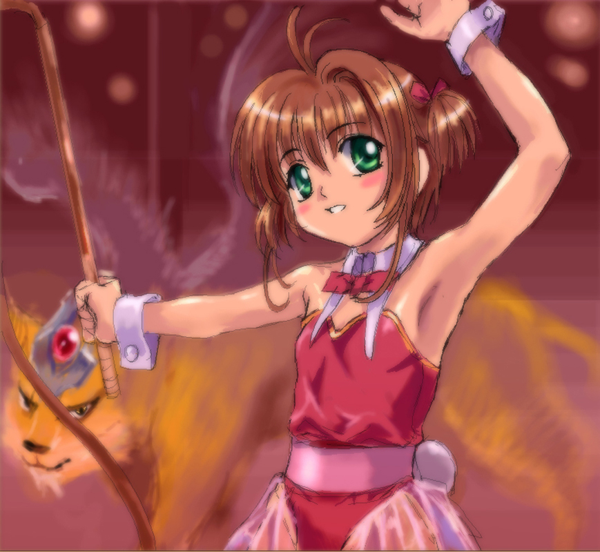 mutsuki (moonknives), kerberos, kero (cardcaptor sakura), kinomoto sakura, cardcaptor sakura, kodansha, non-web source, 1990s (style), 1girl, arm up, blush, blush stickers, brown hair, child, detached collar, green eyes, looking at viewer, oekaki, retro artstyle, short hair, whip, wrist cuffs