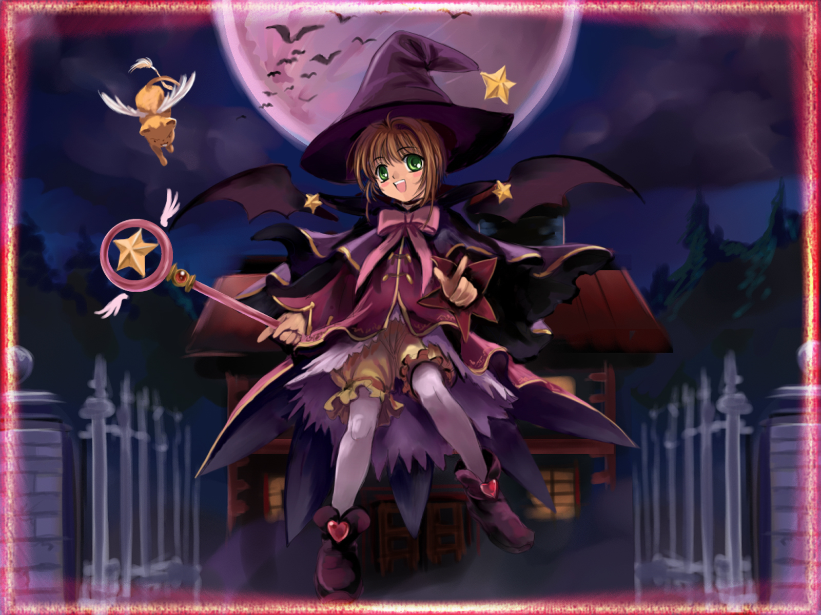 mutsuki (moonknives), kero (cardcaptor sakura), kinomoto sakura, cardcaptor sakura, kodansha, highres, non-web source, 1990s (style), 1girl, child, female focus, hat, hoshi no tsue, magical girl, purple hat, retro artstyle, solo, witch hat