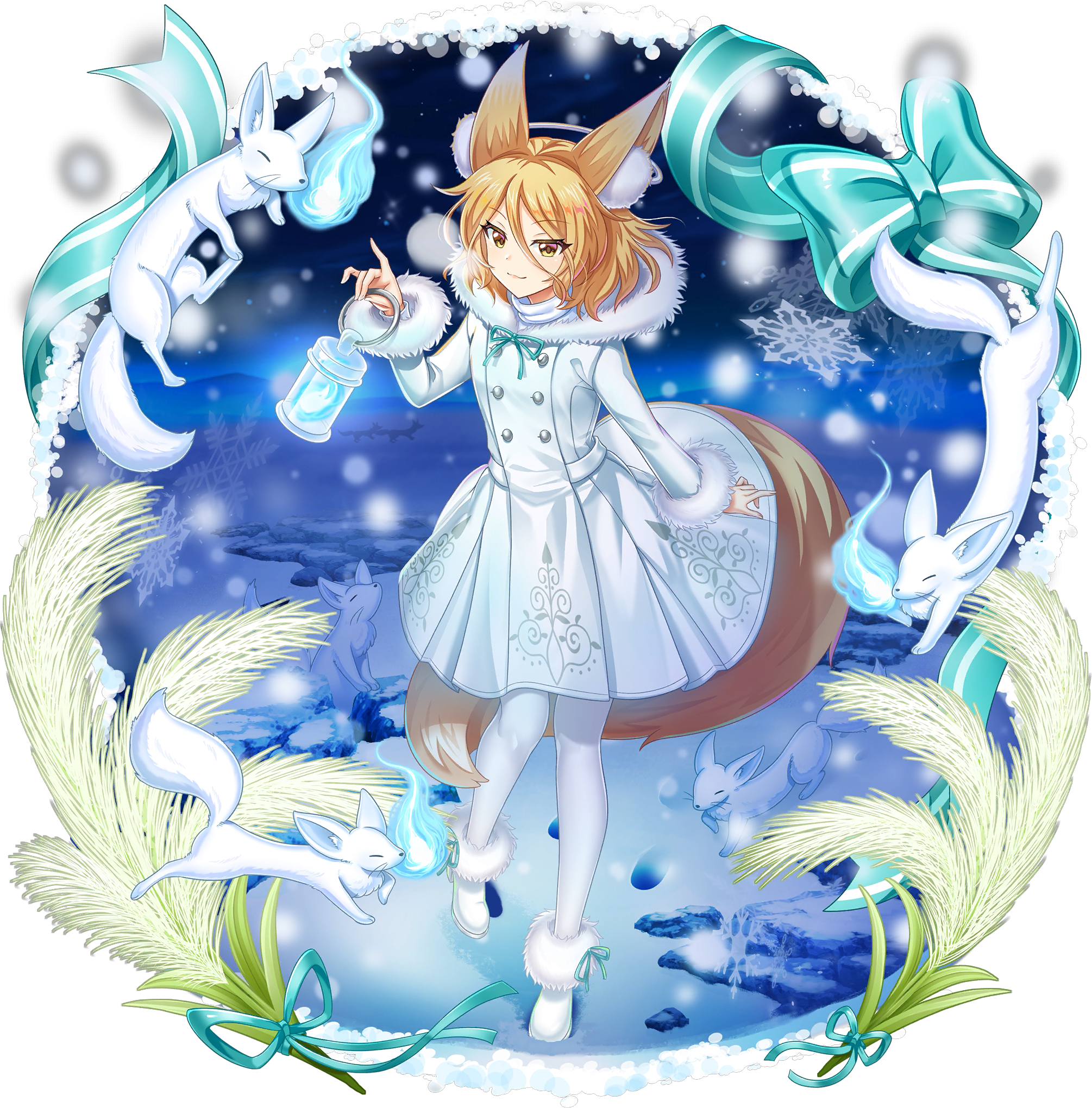 rotte (1109), kudamaki tsukasa, touhou, touhou lostword, game cg, highres, official art, third-party source, 1girl, alternate costume, animal ears, blonde hair, blue fire, boots, breath, closed mouth, dress, earmuffs, fire, footprints, fox, fox ears, fox girl, fox tail, fur-trimmed boots, fur-trimmed hood, fur-trimmed sleeves, fur trim, hair between eyes, holding, holding lantern, hood, hooded dress, kudagitsune, lantern, long sleeves, looking at viewer, medium hair, pantyhose, smile, snow, snowflakes, solo, tail, transparent background, white boots, white dress, white pantyhose, yellow eyes