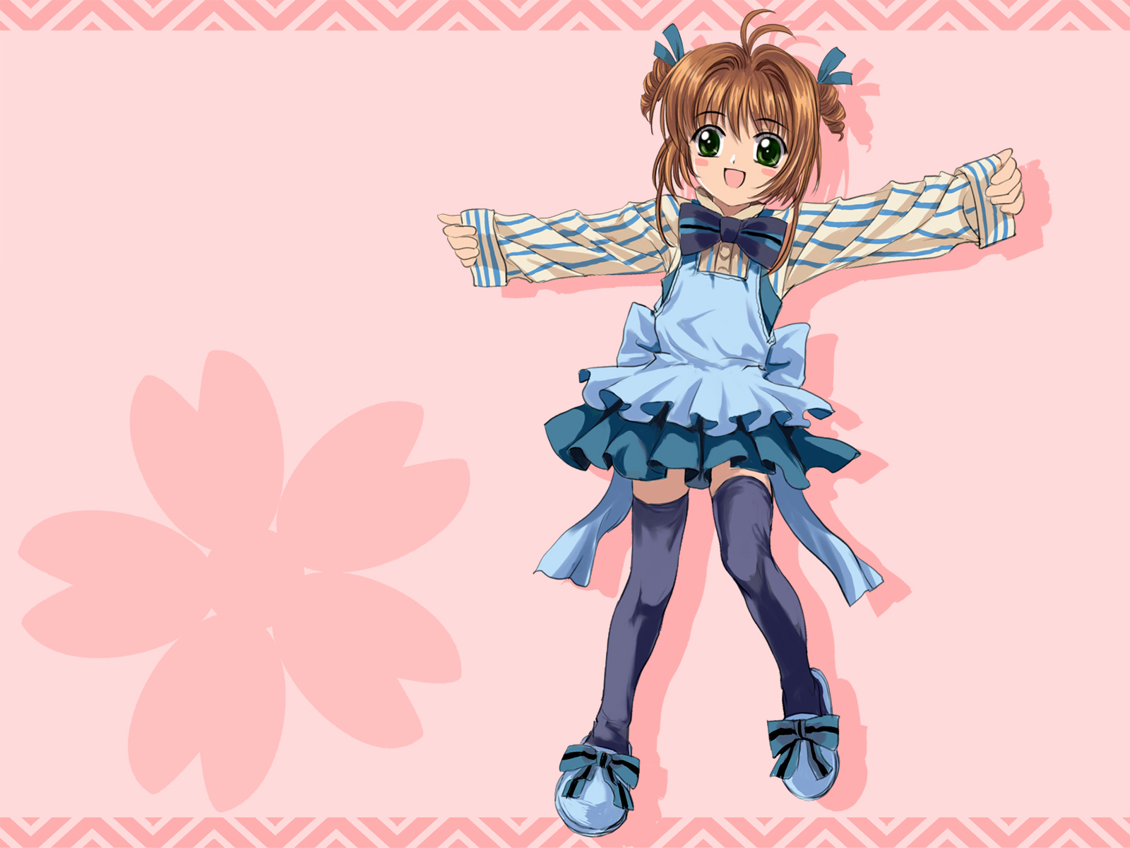 mutsuki (moonknives), kinomoto sakura, kinomoto sakura (shopgirl: mint), cardcaptor sakura, kodansha, highres, non-web source, 1990s (style), 1girl, apron, blush stickers, brown hair, child, dress, female focus, full body, green eyes, looking at viewer, retro artstyle, short dress, short hair, slippers, smile, solo, standing, thighhighs