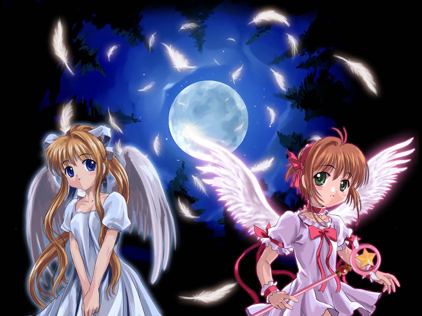 mutsuki (moonknives), kamio misuzu, kinomoto sakura, air (visual novel), cardcaptor sakura, key (company), kodansha, highres, non-web source, 00s, 1990s (style), 2girls, blonde hair, child, crossover, feathers, hoshi no tsue, look-alike, magical girl, moon, multiple girls, retro artstyle, wings