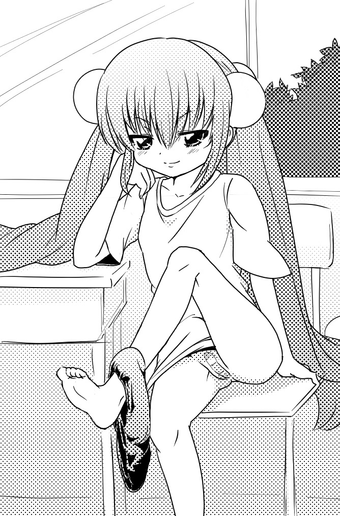 mishima hiroji, kokonoe rin, kodomo no jikan, 00s, 1girl, bandaid, bandaid on pussy, barefoot, blush, feet, female focus, greyscale, grin, hair bobbles, hair ornament, indoors, loli, long hair, looking at viewer, maebari, monochrome, sitting, smile, soles, solo, toes, twintails, undressing, very long hair