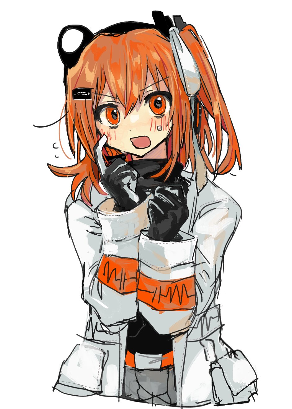 sanotsuki (mochi0101 831), adachi rei, a.i. voice, utau, highres, 1girl, belt, black gloves, black skirt, blush, coat, cropped torso, dot nose, flying sweatdrops, gloves, hair ribbon, hands up, long sleeves, looking at viewer, medium hair, one side up, open clothes, open coat, orange eyes, orange hair, portrait, ribbon, scratching cheek, simple background, skirt, solo, sweatdrop, upper body, v-shaped eyebrows, white background, white coat
