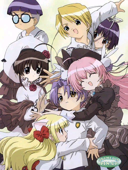 shia, ayanokoji takashi, higuchi kotarou, misha, misha (pita ten), mitarai hiroshi, mitarai kaoru, shia (pita ten), uematsu koboshi, pita ten, 3boys, 4girls, :d, ^ ^, ahoge, animal ears, beret, blonde hair, blunt bangs, blush, bow, brown eyes, brown hair, cat ears, closed eyes, dress, embarrassed, expressionless, flower, glasses, green eyes, hair bow, hair ornament, hat, hidden eyes, hug, long hair, long sleeves, looking at viewer, multiple boys, multiple girls, opaque glasses, open mouth, pink hair, purple hair, rabbit hair ornament, red bow, red flower, red rose, rose, smile, sweater, upper body, very long hair