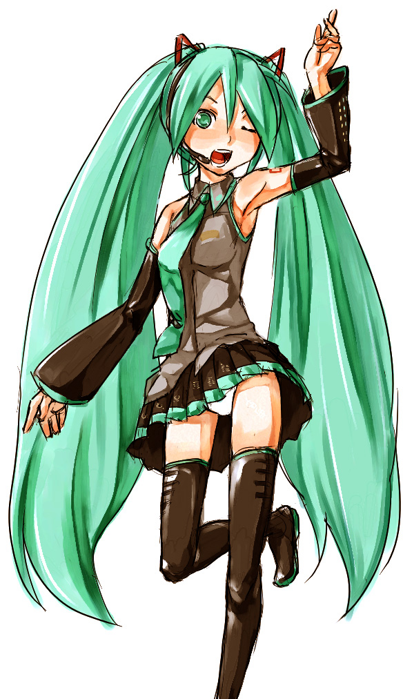 mishima hiroji, hatsune miku, vocaloid, 1girl, aqua eyes, aqua hair, armpits, female focus, long hair, one eye closed, open mouth, panties, pantyshot, simple background, skirt, solo, thighhighs, twintails, underwear, very long hair, wink, zettai ryouiki