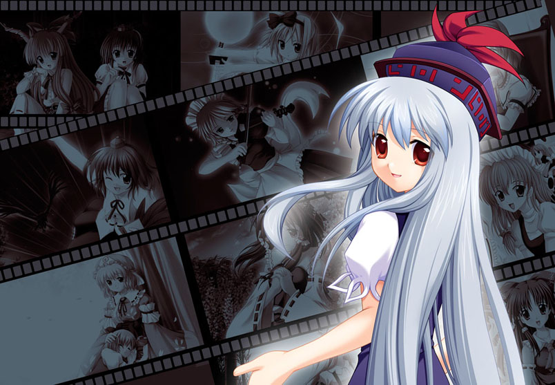 maroppe, alice margatroid, hakurei reimu, ibuki suika, izayoi sakuya, kamishirasawa keine, kirisame marisa, konpaku youmu, saigyouji yuyuko, shameimaru aya, touhou, 6+girls, blue dress, dress, female focus, film, hat, horns, letterboxed, long hair, looking at viewer, multiple girls, puffy short sleeves, puffy sleeves, red eyes, short sleeves, sidelocks, solo focus, tate eboshi, tokin hat, very long hair, wink