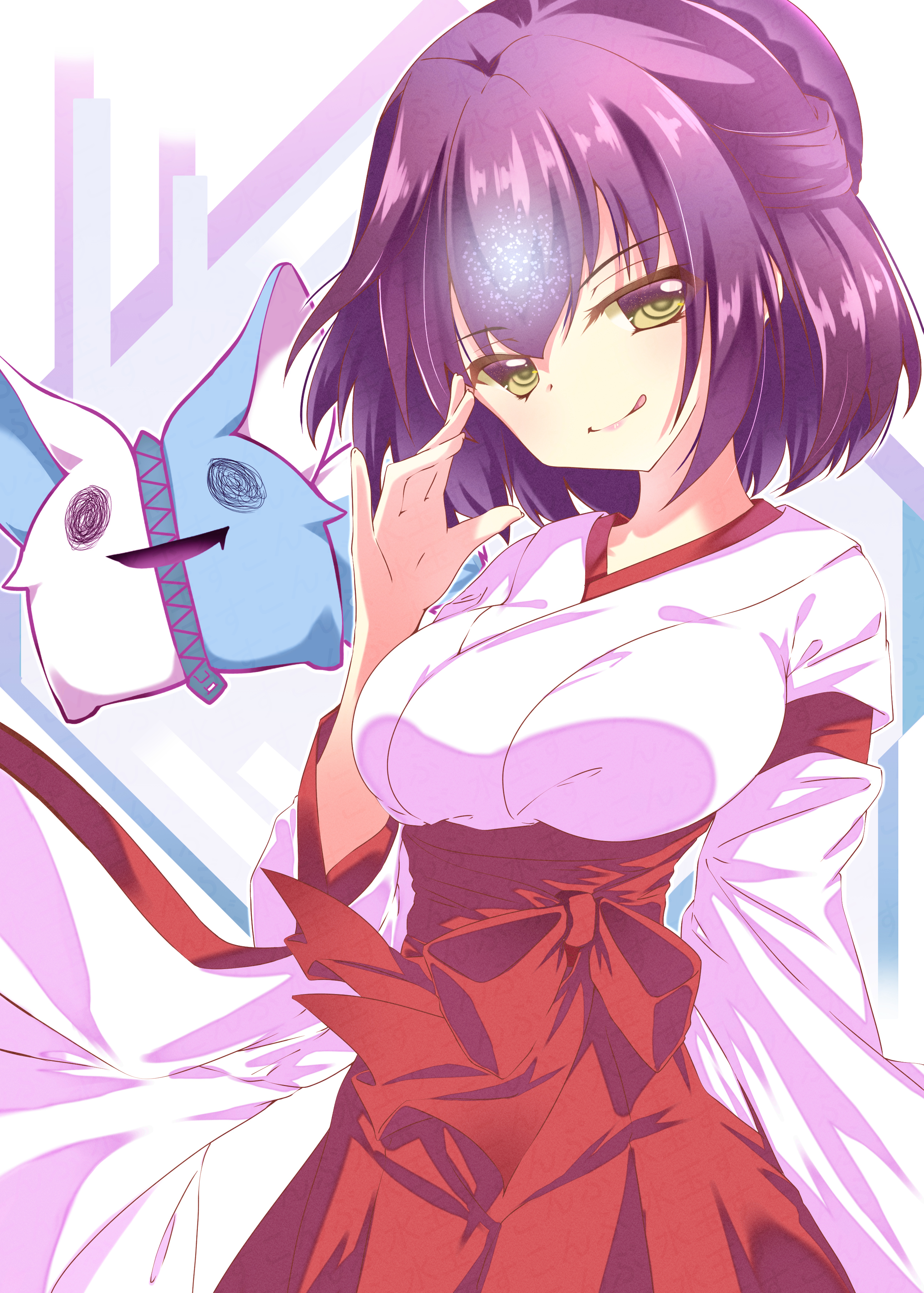 sukonbu385, naruse satsuki, 9-nine-, absurdres, commentary request, highres, spoilers, 1girl, :d, :q, breasts, closed mouth, cowboy shot, drooling, evil smile, eyelashes, hair between eyes, hakama, hakama skirt, half updo, hand up, iris (9-nine-), japanese clothes, kimono, large breasts, licking lips, long sleeves, looking at viewer, medium hair, miko, mouth drool, open hand, open mouth, purple hair, red hakama, simple background, skirt, smile, solo, split mouth, straight hair, tongue, tongue out, watermark, white background, white kimono, wide sleeves, yellow eyes