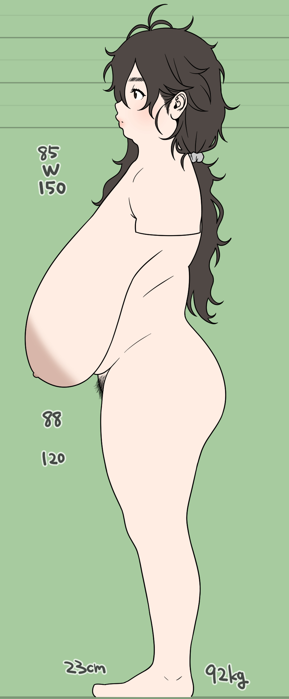 kuzukago (bitchmaker), original, tagme, 1girl, bare arms, bare hips, bare legs, bare shoulders, barefoot, black hair, black pubic hair, blue scrunchie, breasts, breasts out, brown eyes, completely nude, flat color, full body, green background, huge breasts, jimiko, large areolae, measurements, nude, open mouth, pink lips, plump, pubic hair, sagging breasts, scrunchie, sideboob, simple background, solo, standing, thick lips, topless female, ume-chan (kuzukago bitchmaker), wavy hair