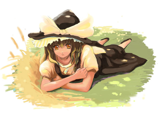 kirisame marisa, touhou, 1girl, blonde hair, braid, female focus, frills, grass, hat, long hair, looking at viewer, lying, on ground, puffy sleeves, short sleeves, single braid, solo, witch hat