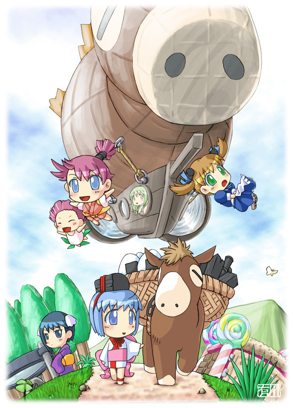 qkat, qkat (arikawa-dou), aroe, binchou-tan (character), chiku-rin, chiku-tan, kunugi-tan, ren-tan, binchou-tan, 00s, 6+girls, :d, :o, aircraft, animal, animal ears, black hair, blue eyes, blue hair, blunt bangs, blush, braid, day, dirigible, donkey, everyone, flying, full body, multiple girls, open mouth, outdoors, path, pink hair, rabbit ears, road, short hair, smile, standing, tareme, twin braids, walking
