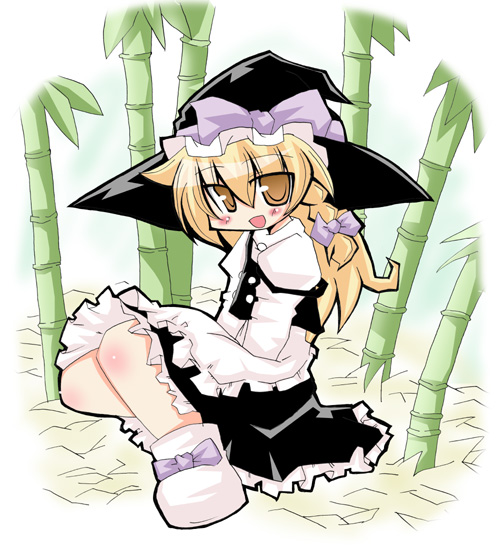 muuba, kirisame marisa, touhou, 1girl, :d, apron, bamboo, blonde hair, blush, body blush, bow, female focus, frills, full body, hat, long hair, looking at viewer, open mouth, shoes, simple background, sitting, smile, solo, witch hat, yellow eyes