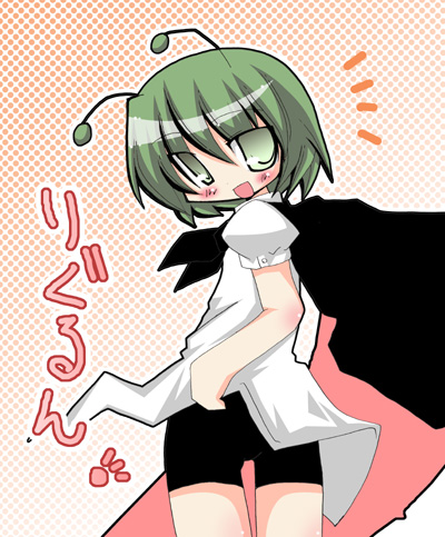 muuba, wriggle nightbug, touhou, lowres, 1girl, antennae, cape, female focus, green eyes, green hair, matching hair/eyes, solo