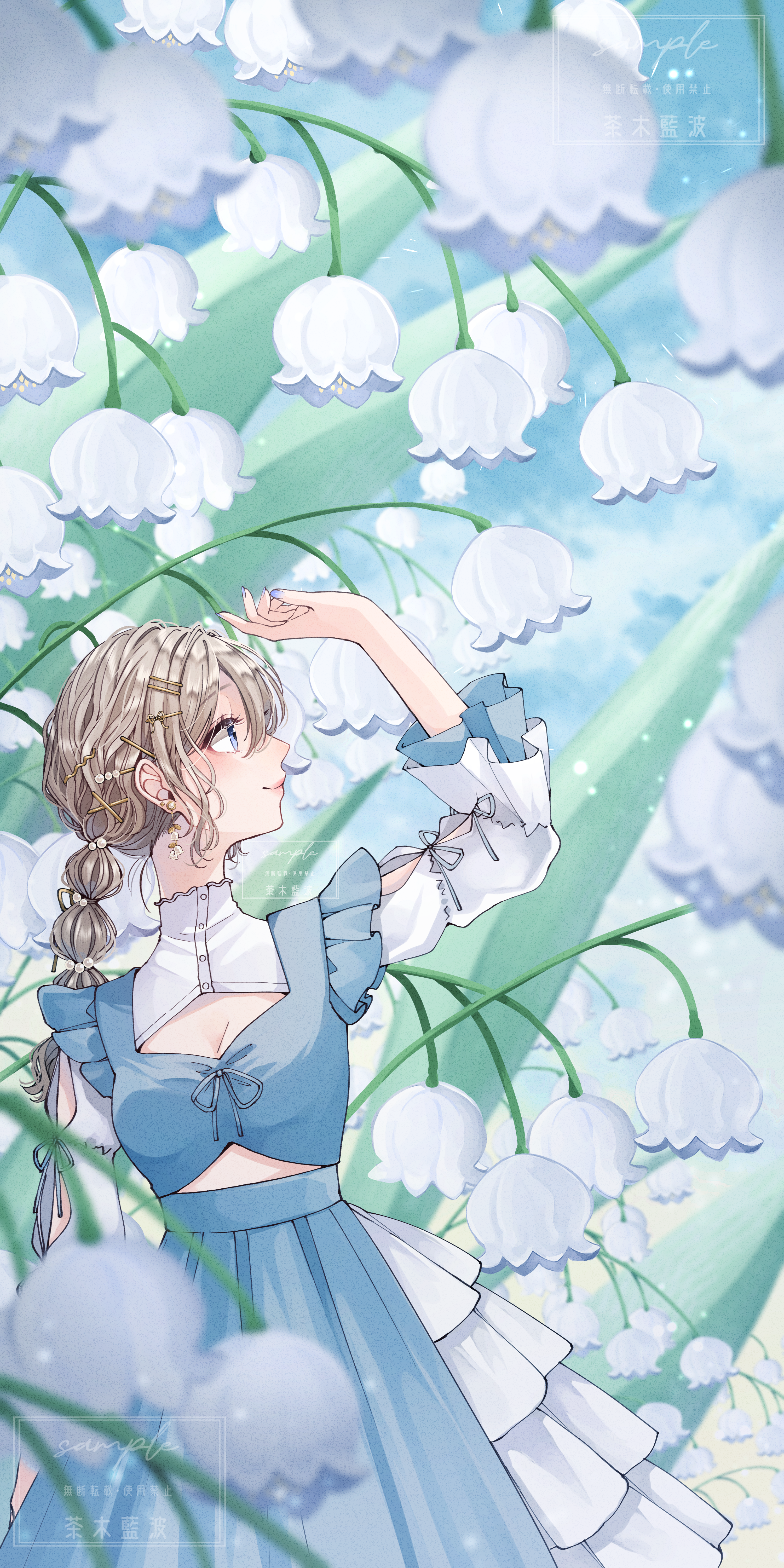 original, absurdres, commentary request, highres, 1girl, arm up, blue dress, breasts, brown hair, chaki aiha, cleavage, cleavage cutout, closed mouth, clothing cutout, cowboy shot, dress, flower, green eyes, hair between eyes, lily of the valley, long hair, long sleeves, looking to the side, outdoors, smile, solo