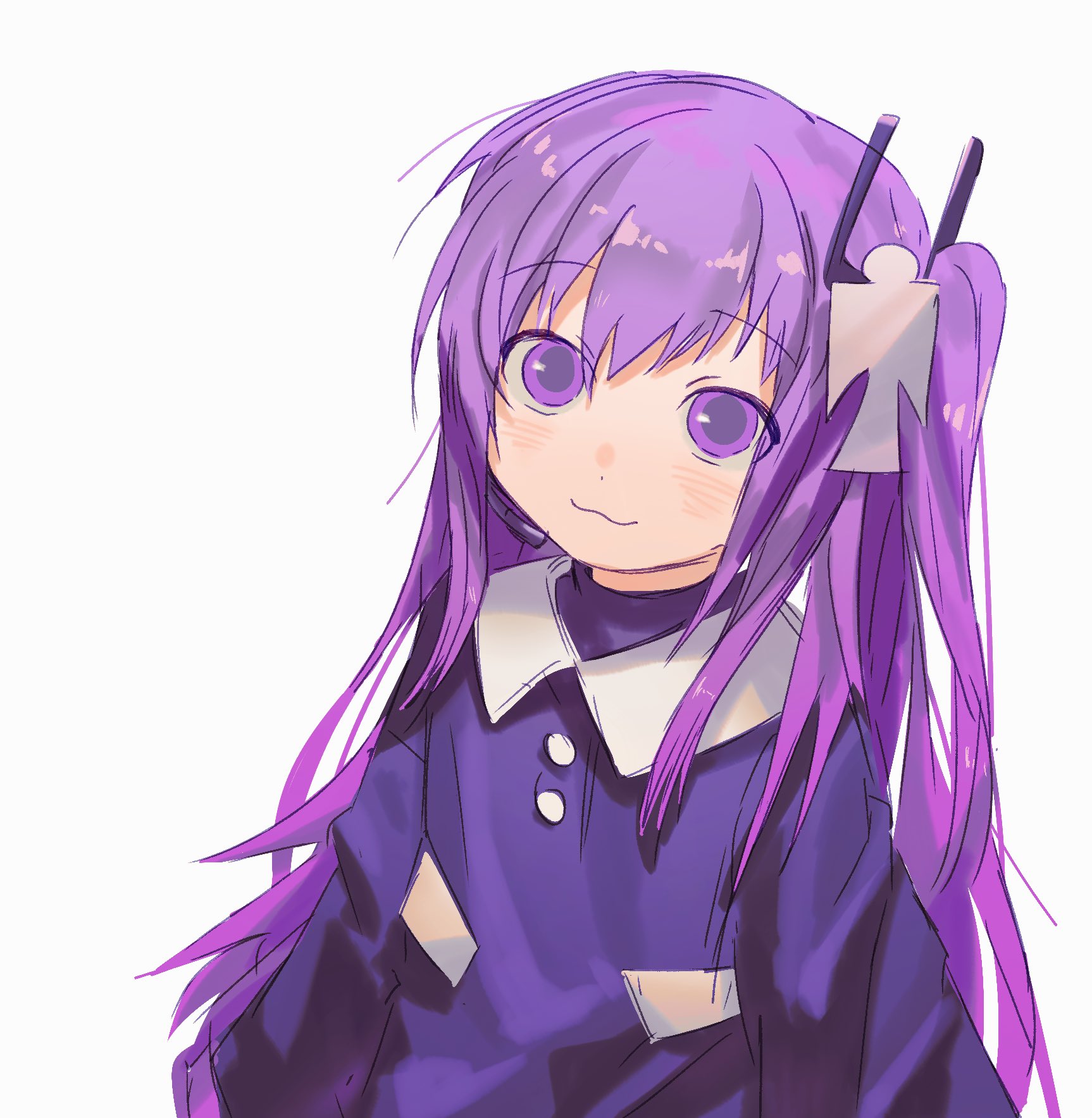 chill (chill meal), tsukumo shion, utau, highres, 1girl, :3, arms at sides, blush, closed mouth, dress, hair ornament, long hair, long sleeves, looking at viewer, one side up, purple dress, purple eyes, purple hair, purple shirt, radio antenna, shikigami, shirt, simple background, smile, solo, upper body, white background