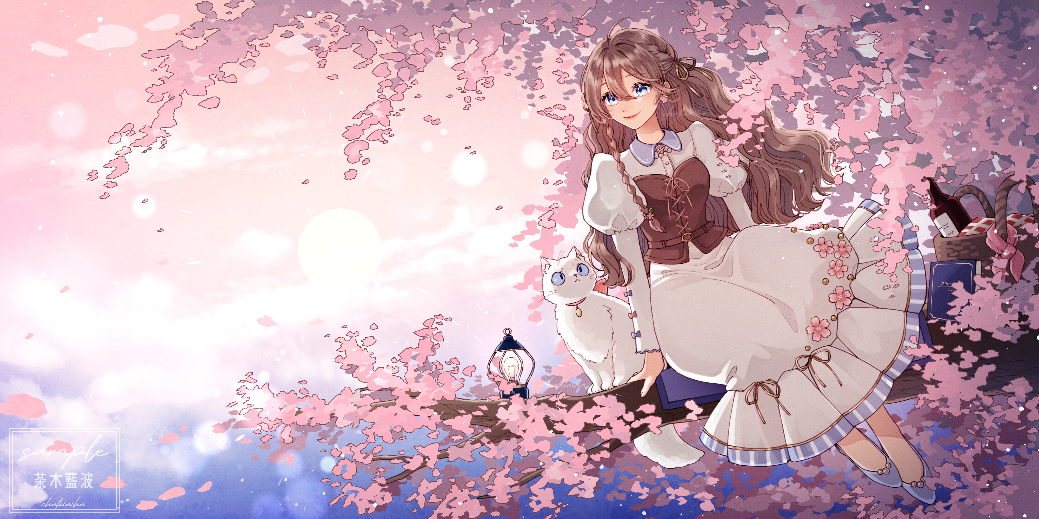 original, absurdres, commentary request, highres, 1girl, basket, blue eyes, blue shoes, brown hair, cat, chaki aiha, cherry blossoms, closed mouth, collared dress, day, double-parted bangs, dress, hair between eyes, in tree, juliet sleeves, lantern, long hair, long sleeves, outdoors, puffy sleeves, shoes, sitting, sitting in tree, smile, solo, tree, white dress