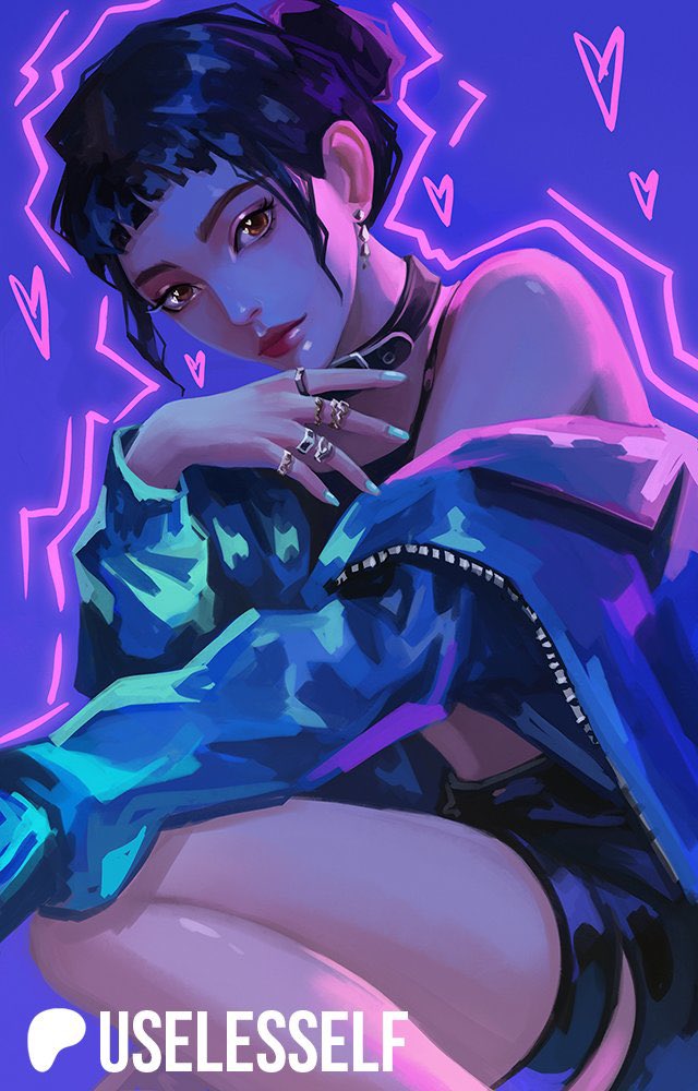 useless elf, zoey (kpop demon hunters), kpop demon hunters, commentary, 1girl, black hair, blue nails, choker, closed mouth, eyeshadow, hair bun, heart, jacket, looking at viewer, makeup, mascara, short bangs, sidelocks, solo