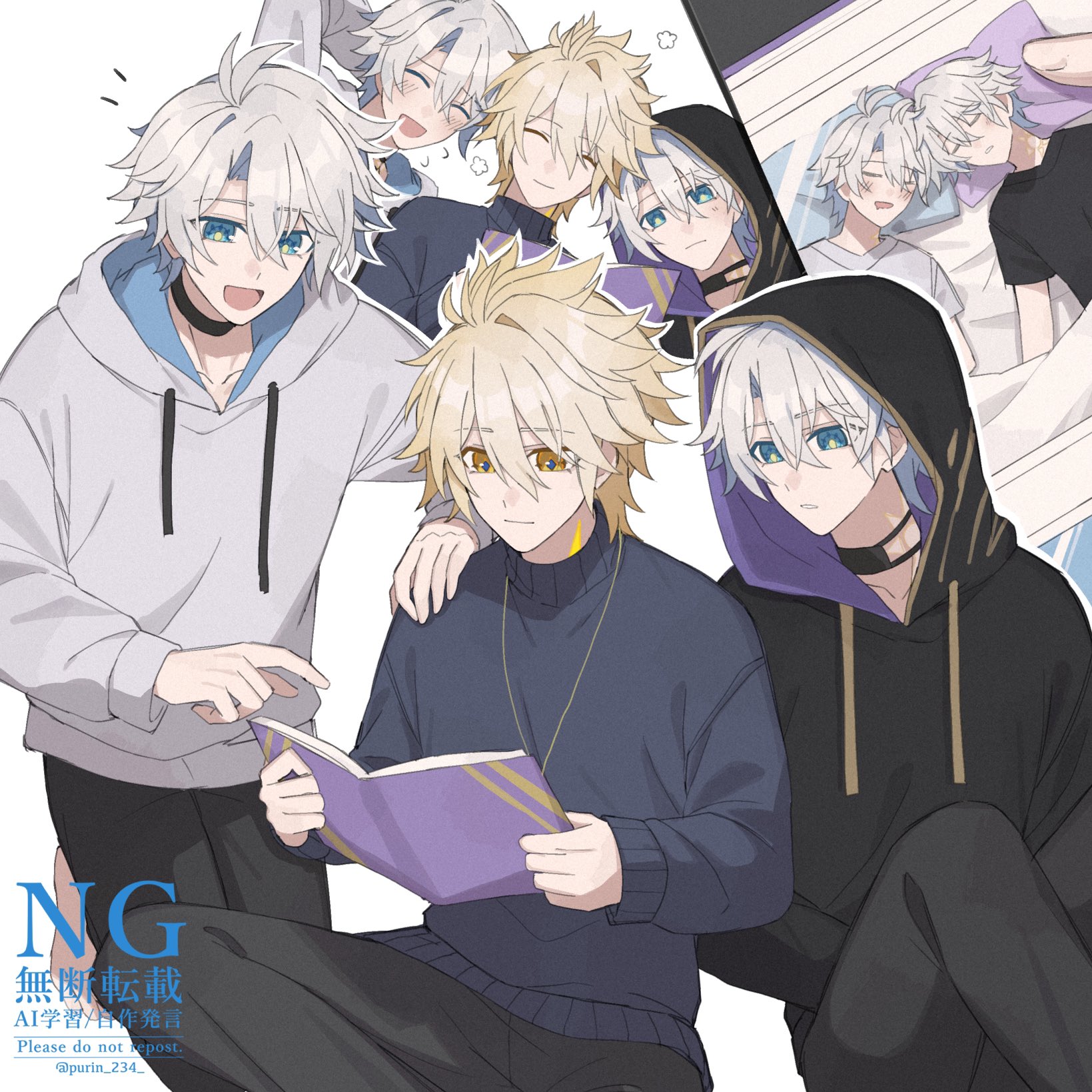 purin 234, flame reaver of the deepest dark, phainon (honkai: star rail), phainon (khaslana) (honkai: star rail), honkai: star rail, honkai (series), highres, 3boys, alternate costume, black choker, black hoodie, black pants, blonde hair, blue sweater, choker, closed mouth, crossed bangs, gold tattoo, grey hair, grey hoodie, hair between eyes, hood, hoodie, male focus, multiple boys, multiple persona, neck tattoo, open mouth, pants, parted bangs, short hair, smile, spiked hair, sweater, tattoo