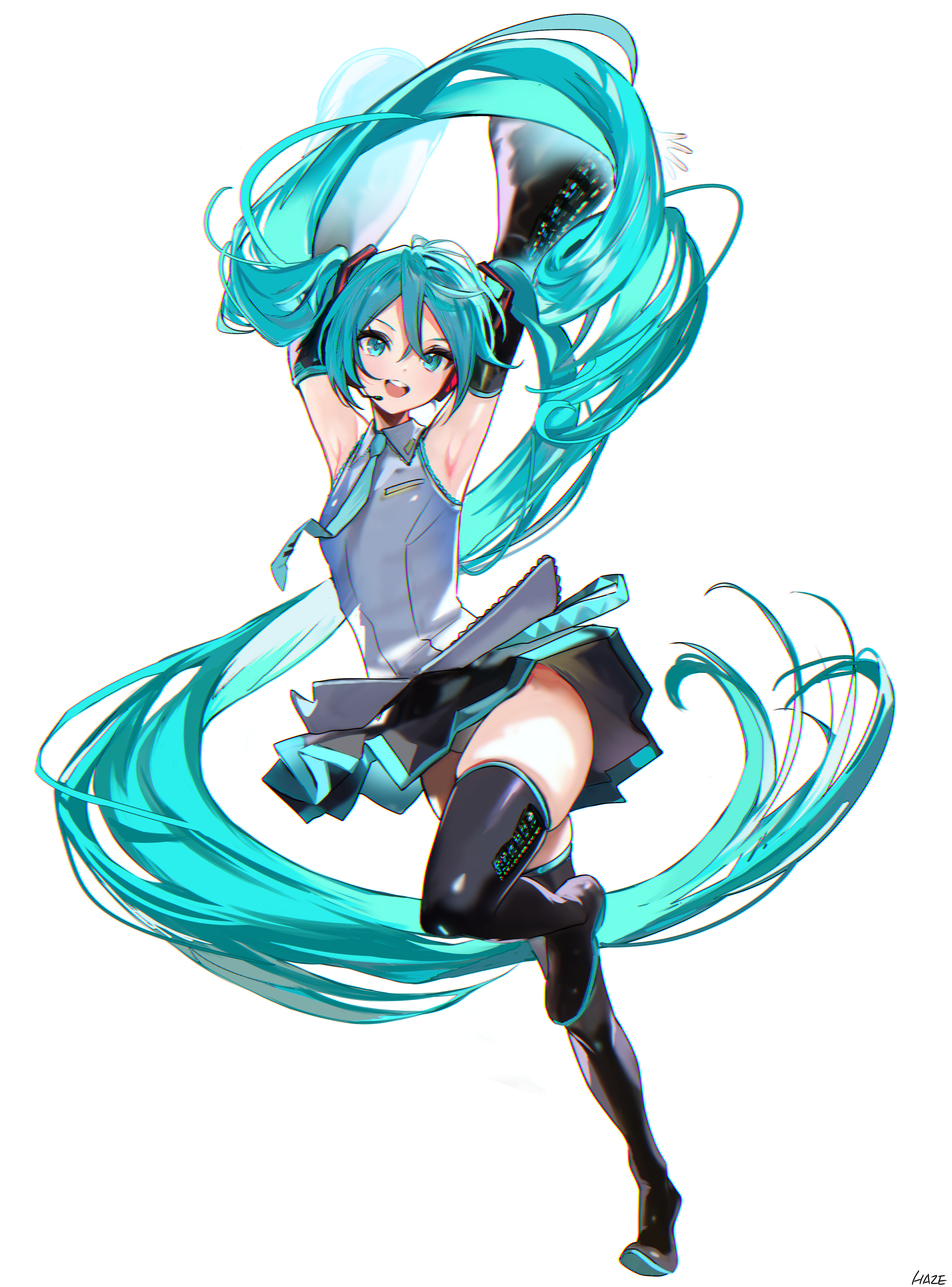 haze (ohw8g), hatsune miku, vocaloid, absurdres, highres, 1girl, absurdly long hair, aqua eyes, aqua hair, armpits, arms up, artist name, black skirt, black sleeves, black thighhighs, detached sleeves, full body, grey shirt, long hair, looking at viewer, open mouth, shirt, simple background, skirt, solo, standing, thighhighs, twintails, very long hair, white background