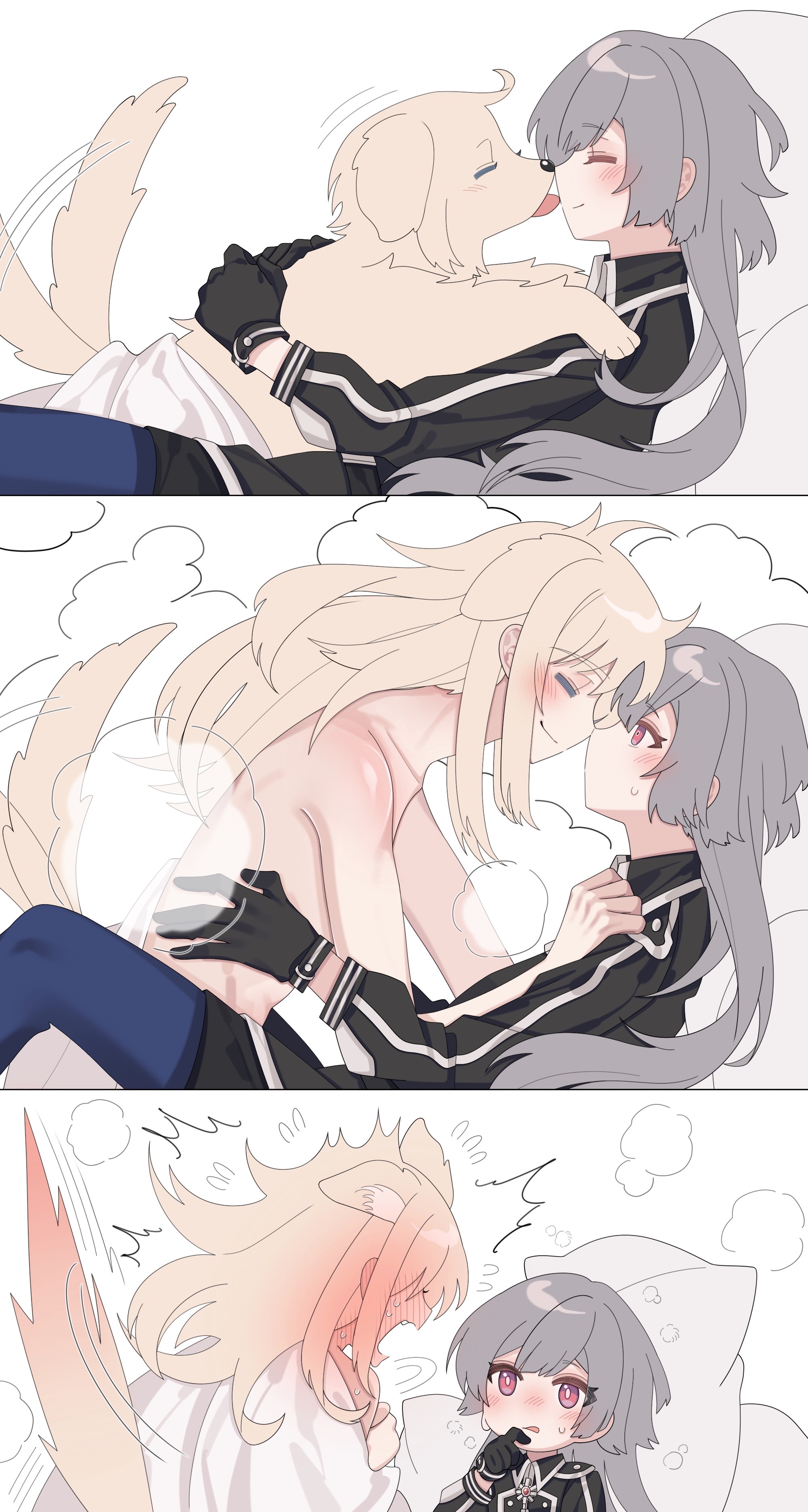 emptyayya, sky striker ace – raye, sky striker ace – roze, yu-gi-oh!, absurdres, chinese commentary, commentary request, highres, 2girls, animal ears, animalization, black gloves, black jacket, blue pantyhose, blush, closed eyes, closed mouth, clothed female nude female, cushion, dog, dog ears, dog girl, dog tail, gloves, grey hair, jacket, kemonomimi mode, licking, licking another's face, long hair, multiple girls, nude, pantyhose, pink eyes, smile, steam, tail, tongue, tongue out, transformation, yuri