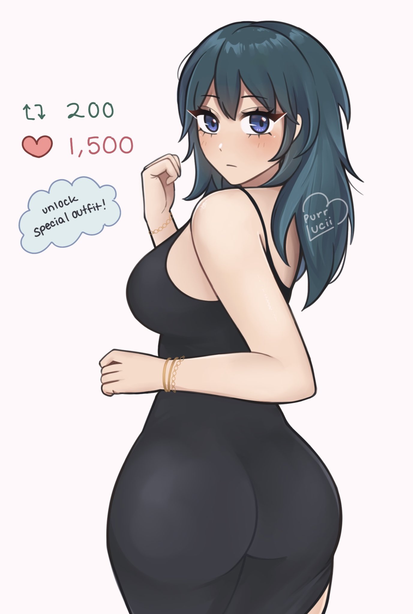 luci (purrlucii), female byleth (fire emblem), fire emblem, fire emblem: three houses, nintendo, commentary, english commentary, highres, 1girl, alternate costume, artist name, ass, bare shoulders, black dress, blue eyes, blue hair, blush, breasts, closed mouth, dress, english text, from behind, heart, long hair, looking at viewer, looking back, medium breasts, simple background, solo, twitter strip game, white background