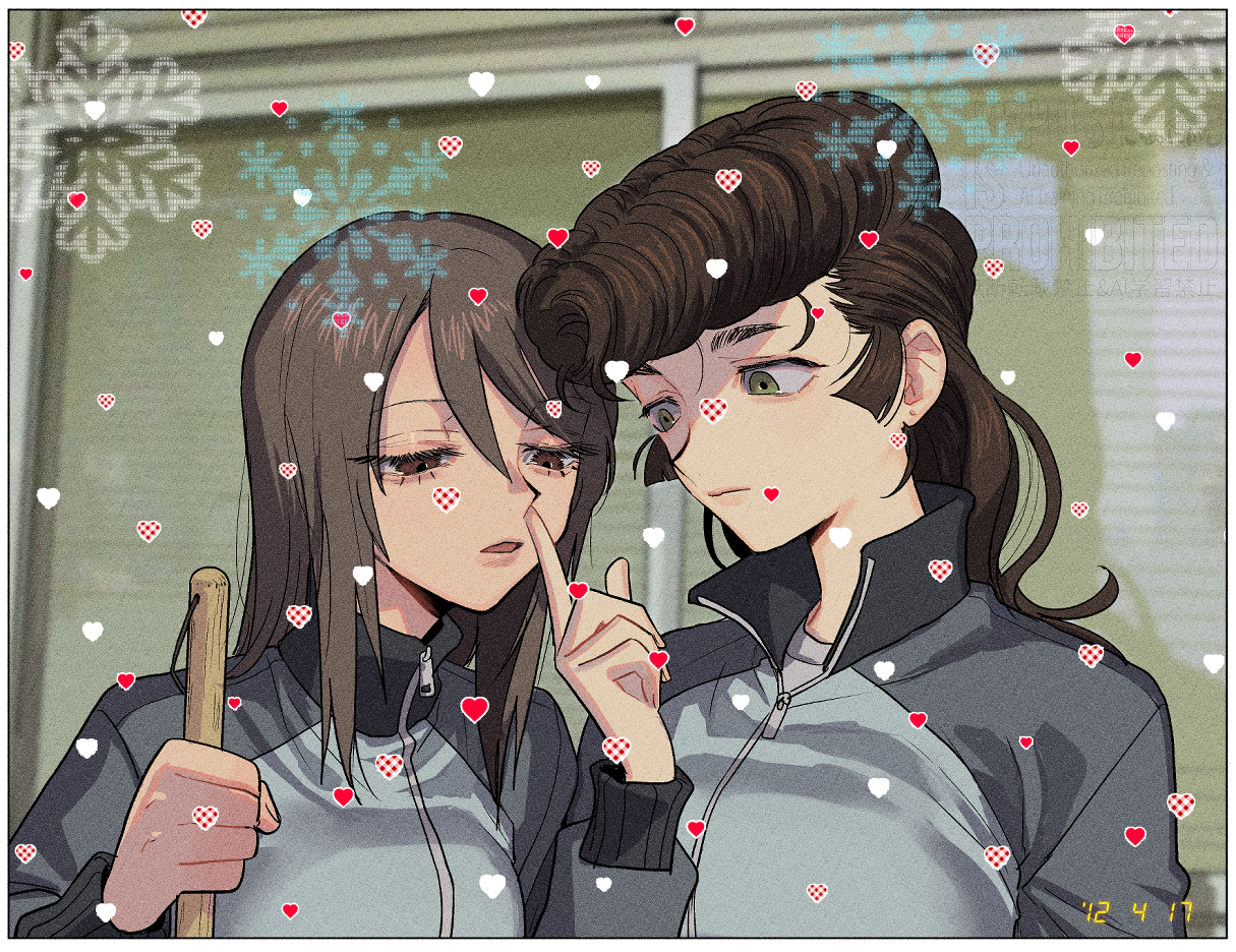 katsuoboshi, mika (girls und panzer), yuri (girls und panzer), girls und panzer, commentary request, partial commentary, 2girls, brown eyes, brown hair, green eyes, heart, jacket, long hair, multiple girls, parted lips, pompadour, track jacket