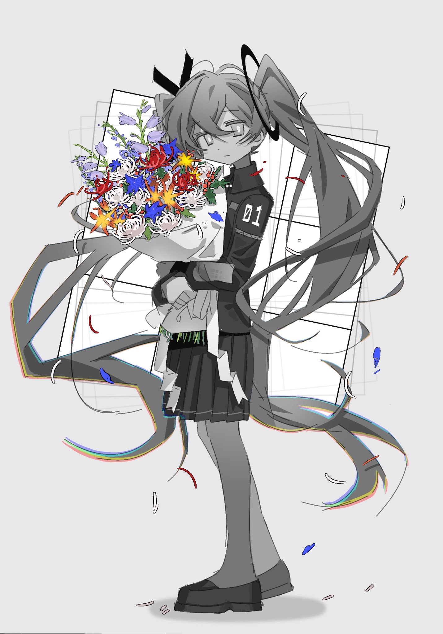 chill (chill meal), hatsune miku, vocaloid, commentary request, highres, 1girl, alternate costume, blue flower, bouquet, chromatic aberration, closed mouth, collared shirt, expressionless, falling petals, floating hair, flower, from side, greyscale, grid, hair ornament, holding, holding bouquet, hugging object, loafers, long hair, long sleeves, looking at viewer, looking to the side, monochrome, petals, pleated skirt, purple flower, red flower, shirt, shiseikan ni sayonara (vocaloid), shoes, simple background, skirt, solo, spot color, standing, tic-tac-toe, twintails, very long hair, white flower, yellow flower