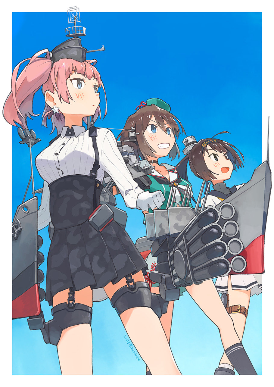 kusakabe (kusakabeworks), akizuki (kancolle), atlanta (kancolle), maya (kancolle), maya kai ni (kancolle), kantai collection, highres, 3girls, beret, black hair, black sailor collar, black skirt, blue background, blue eyes, breasts, brown hair, camouflage, collared shirt, dress shirt, earrings, feet out of frame, garrison cap, gloves, green shirt, grey eyes, hat, headgear, high-waist skirt, jewelry, large breasts, looking up, machinery, mini hat, multiple girls, partially fingerless gloves, pleated skirt, ponytail, sailor collar, shirt, single earring, skirt, sleeveless, sleeveless shirt, star (symbol), star earrings, suspender skirt, suspenders, two side up, white gloves, white sailor collar, white shirt, white skirt