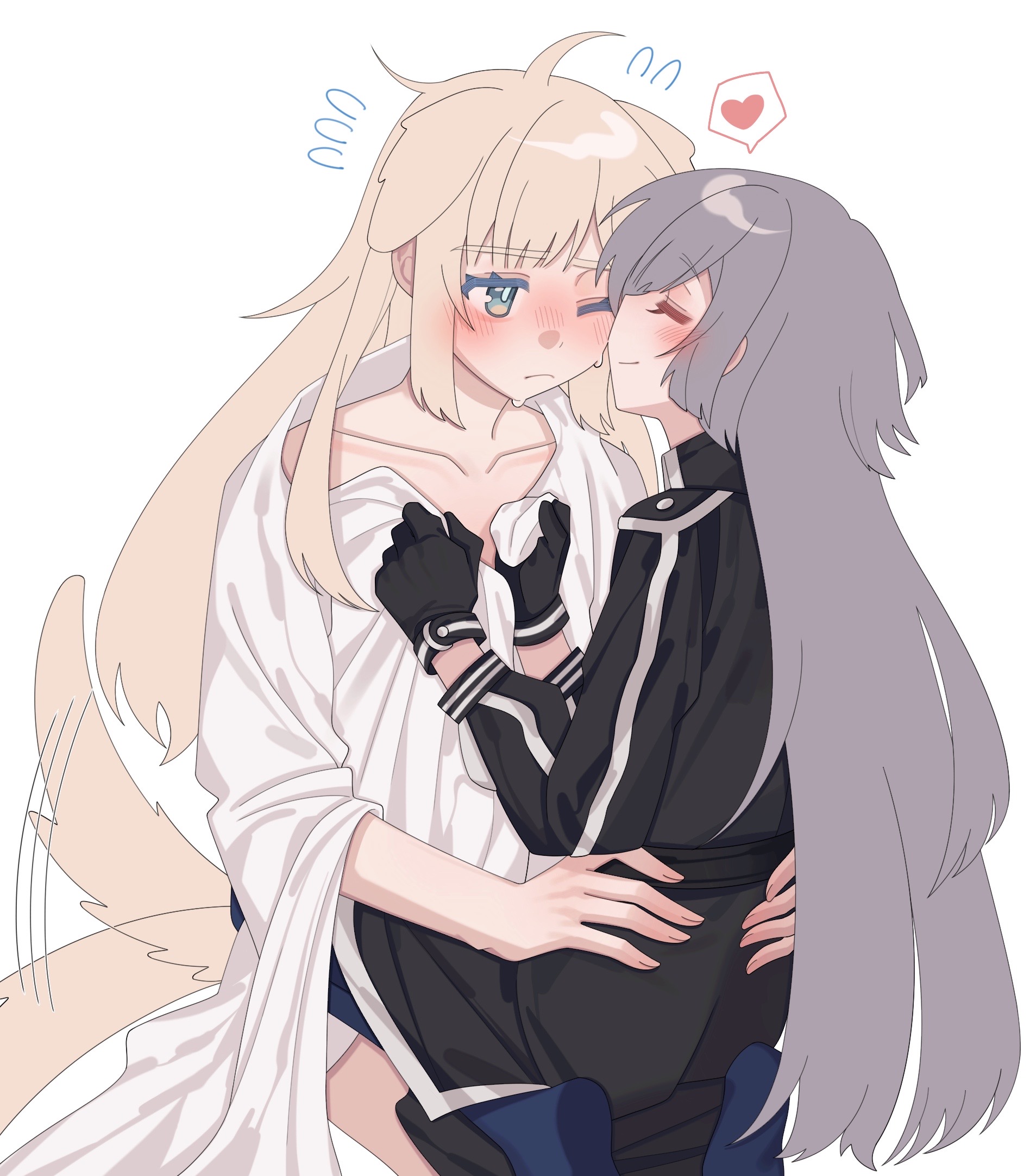 emptyayya, sky striker ace – raye, sky striker ace – roze, yu-gi-oh!, chinese commentary, commentary request, highres, 2girls, animal ears, black jacket, blonde hair, blue eyes, closed eyes, closed mouth, collarbone, dog ears, dog girl, dog tail, flying sweatdrops, grey hair, heart, jacket, kemonomimi mode, kiss, kissing cheek, long hair, multiple girls, one eye closed, shirt, simple background, sitting, sitting on lap, sitting on person, smile, spoken heart, tail, tail wagging, white background, white shirt, yuri