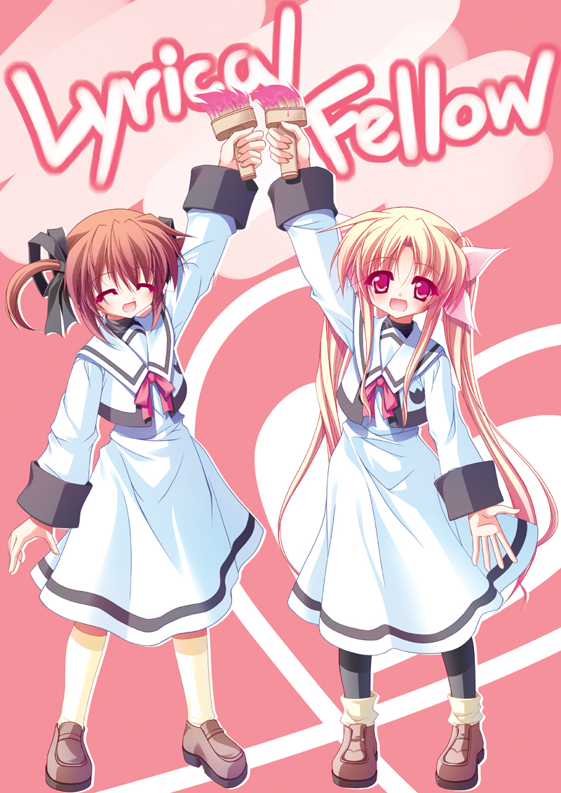fate testarossa, takamachi nanoha, lyrical nanoha, mahou shoujo lyrical nanoha, mahou shoujo lyrical nanoha a's, 00s, 2girls, blonde hair, bow, closed eyes, multiple girls, paintbrush, pantyhose, red bow, red eyes, red hair, school uniform, serafuku, trim brush, twintails