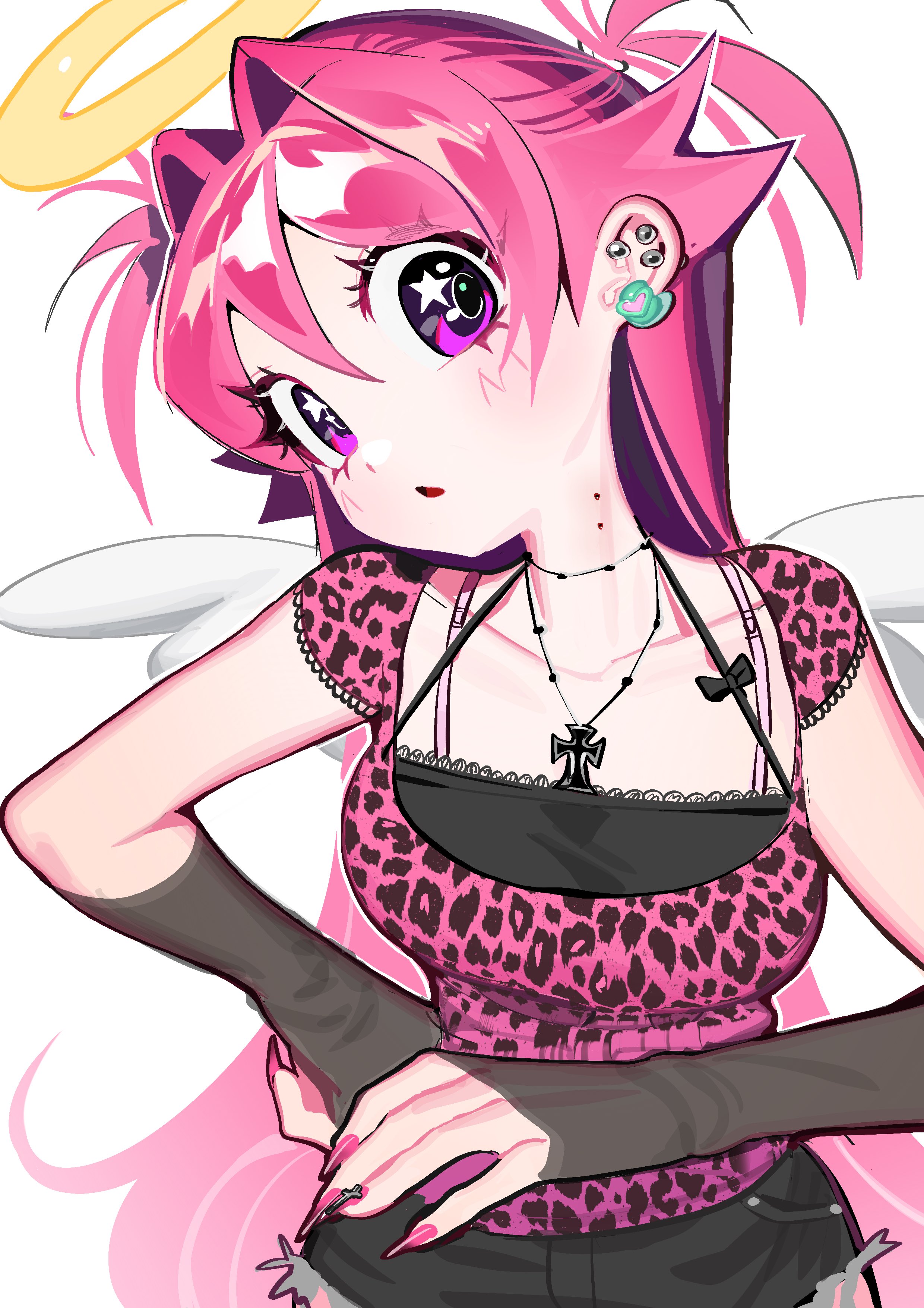scocasr, original, absurdres, highres, 1girl, :o, animal print, bite mark, bite mark on neck, black gloves, black shorts, black tank top, breasts, collarbone, cowboy shot, cross, cross necklace, denim, denim shorts, double-parted bangs, earrings, elbow gloves, fingerless gloves, fingernails, gloves, hair intakes, half updo, halo, halterneck, hand on own hip, heart, heart earrings, jewelry, leopard print, light blush, long fingernails, long hair, looking at viewer, mini wings, multiple piercings, nail polish, necklace, parted lips, pink eyes, pink hair, pink nails, pink shirt, print shirt, see-through clothes, see-through gloves, shirt, short shorts, short sleeves, shorts, simple background, small breasts, solo, standing, star (symbol), star in eye, symbol in eye, tank top, turning head, very long hair, white background, wings
