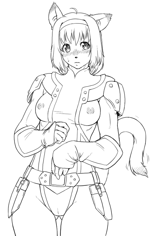gochou (kedama), mithra (ff11), final fantasy, final fantasy xi, bad id, bad pixiv id, 00s, 1girl, animal ears, breasts, cat ears, cat tail, female focus, greyscale, monochrome, nipples, simple background, solo, tail