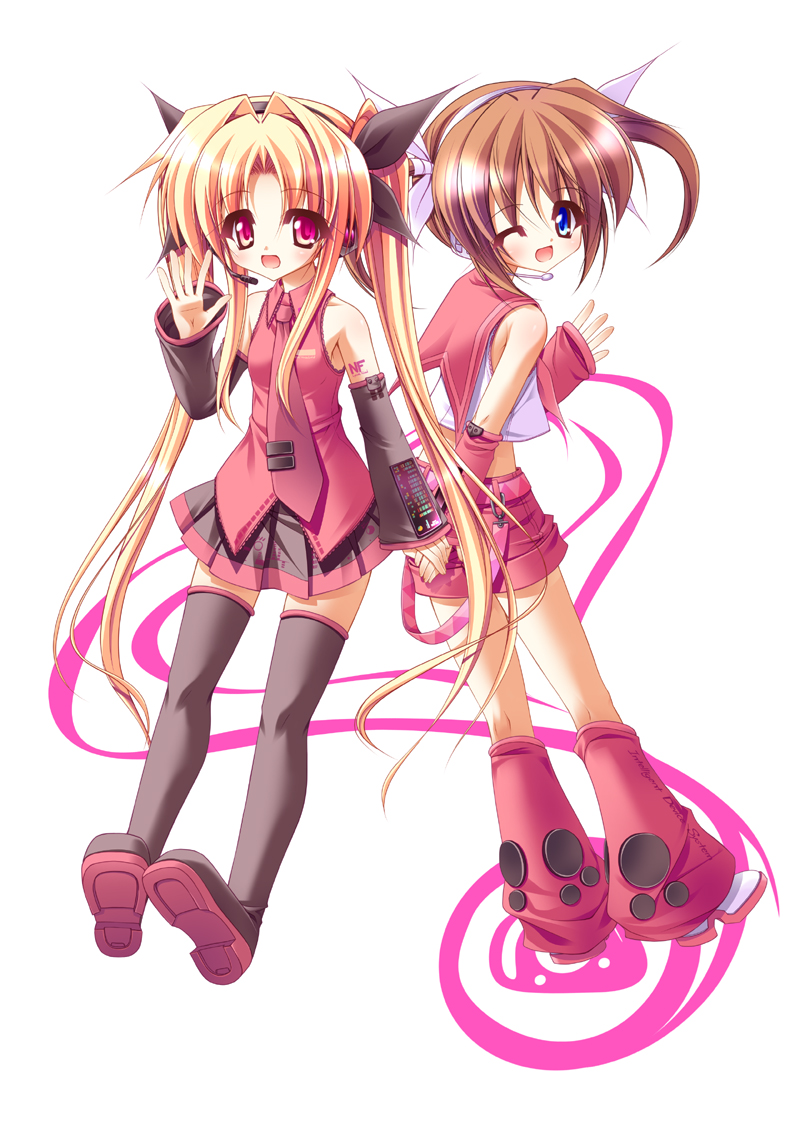 fate testarossa, hatsune miku, kagamine rin, takamachi nanoha, lyrical nanoha, mahou shoujo lyrical nanoha, mahou shoujo lyrical nanoha a's, mahou shoujo lyrical nanoha strikers, vocaloid, 2girls, blonde hair, cosplay, detached sleeves, hatsune miku (cosplay), holding hands, kagamine rin (cosplay), microphone, multiple girls, thighhighs, twintails, zettai ryouiki