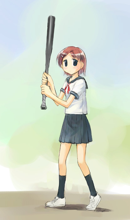 ikeda jun (mizutamari), original, black legwear, 1girl, bad anatomy, baseball bat, black skirt, blurry, blurry background, blush, brown hair, closed mouth, female focus, full body, green eyes, hair ornament, hairclip, holding, looking at viewer, no pupils, pleated skirt, red ribbon, ribbon, school uniform, serafuku, shirt, shoes, short hair, short sleeves, skirt, solo, standing, white shirt, white shoes