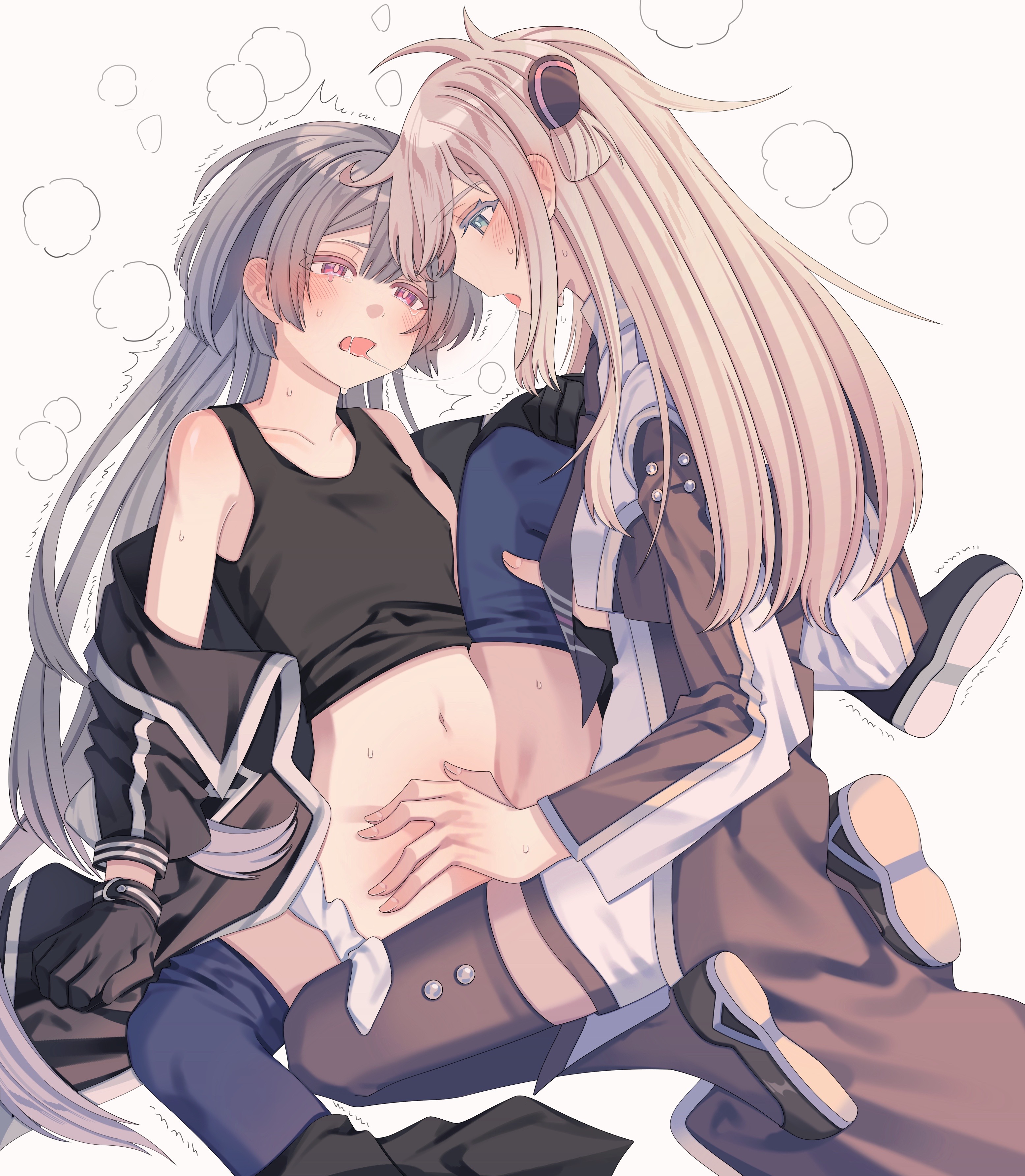 emptyayya, sky striker ace – raye, sky striker ace – roze, yu-gi-oh!, absurdres, highres, 2girls, black necktie, blonde hair, blush, breasts, brown necktie, clothed sex, collared dress, dress, duel monster, gloves, grey hair, head steam, long hair, long sleeves, multiple girls, necktie, red eyes, simple background, sweat, two-tone dress, white background, yuri