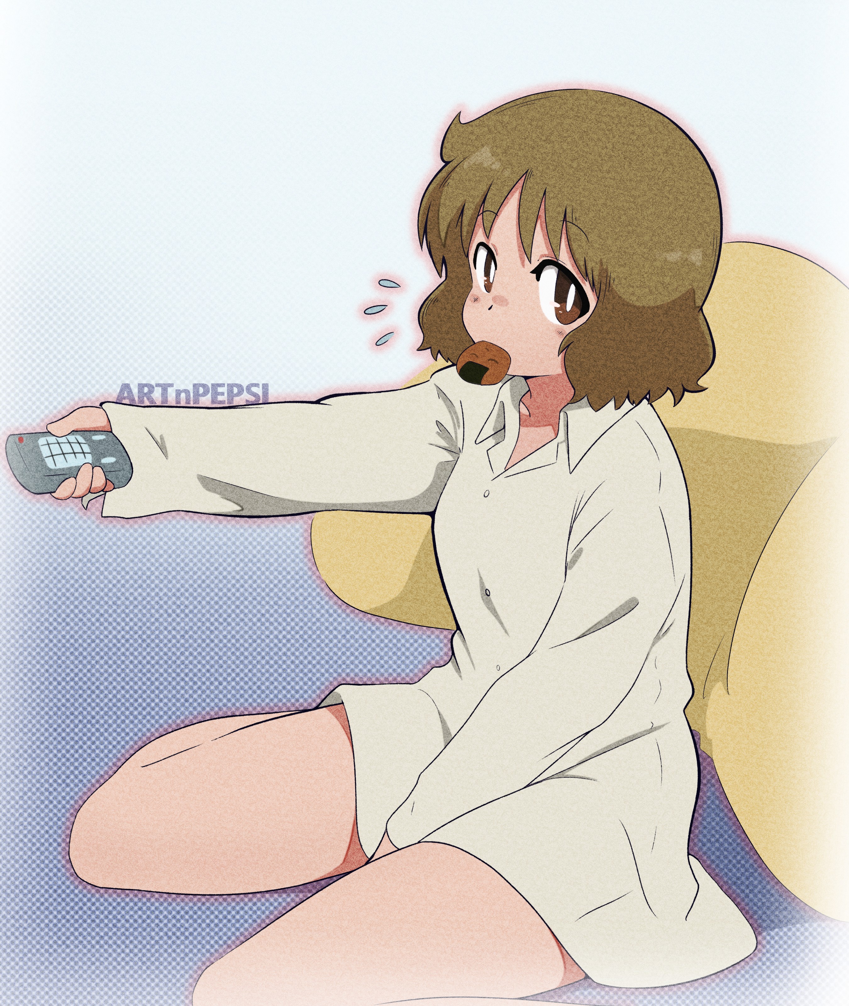 sakurai izumi, nichijou, yellow pillow, absurdres, highres, 1girl, arm between legs, artist name, artnpepsi, brown eyes, brown hair, controller, dress shirt, flying sweatdrops, food, food in mouth, holding, holding remote control, long sleeves, onigiri, remote control, seiza, shadow, shirt, short hair, sitting, thighs, white shirt