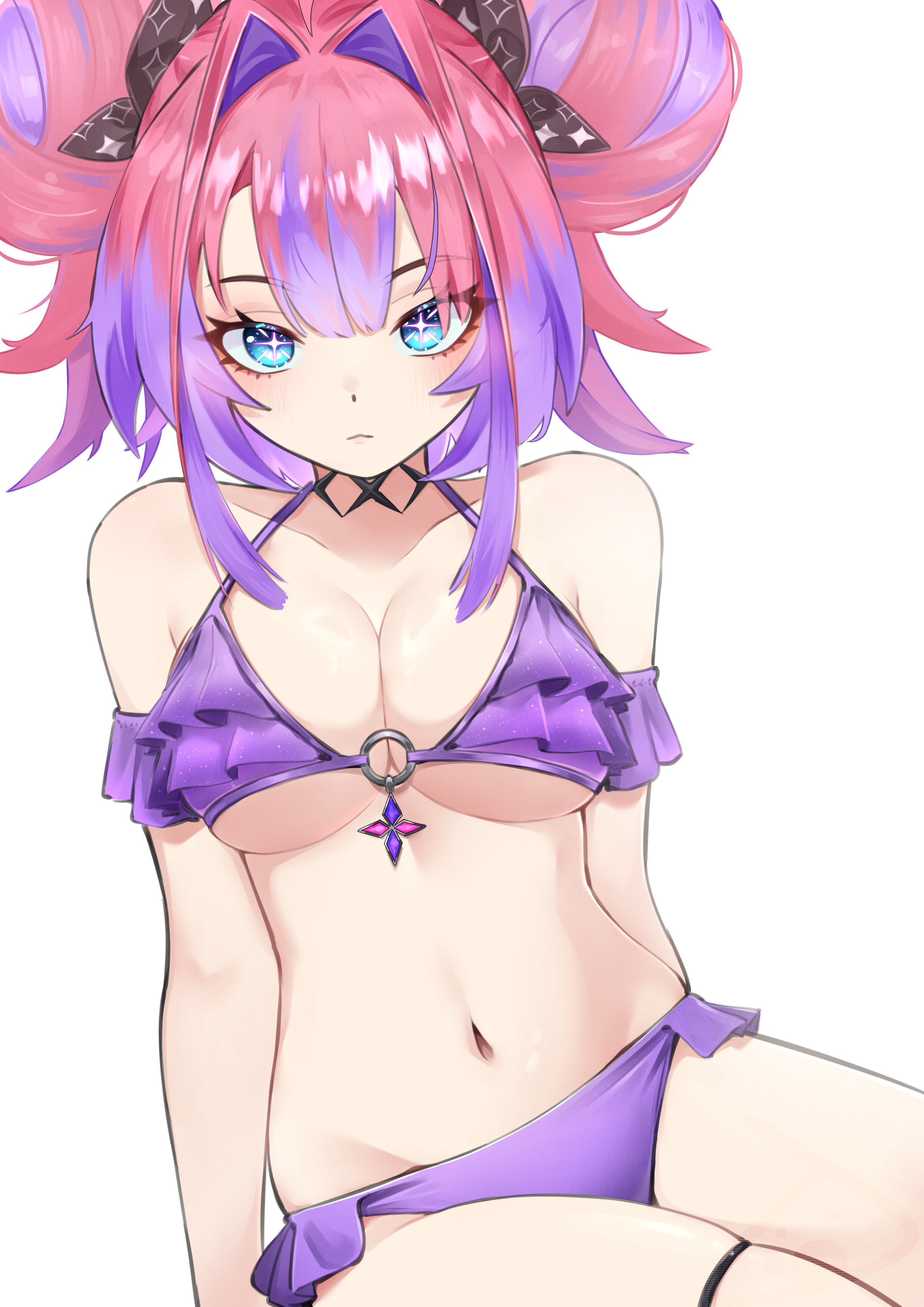 jape (ja pehhhh), kikirara vivi, hololive, hololive dev is, absurdres, highres, 1girl, alternate costume, alternate hairstyle, bikini, black bow, blue eyes, bow, breasts, choker, cleavage, closed mouth, double bun, frilled bikini, frills, hair between eyes, hair bow, hair bun, hair intakes, halterneck, large breasts, looking at viewer, multicolored hair, navel, o-ring, o-ring bikini, pink hair, purple bikini, purple hair, simple background, sitting, solo, stomach, streaked hair, swimsuit, thigh strap, two-tone hair, virtual youtuber