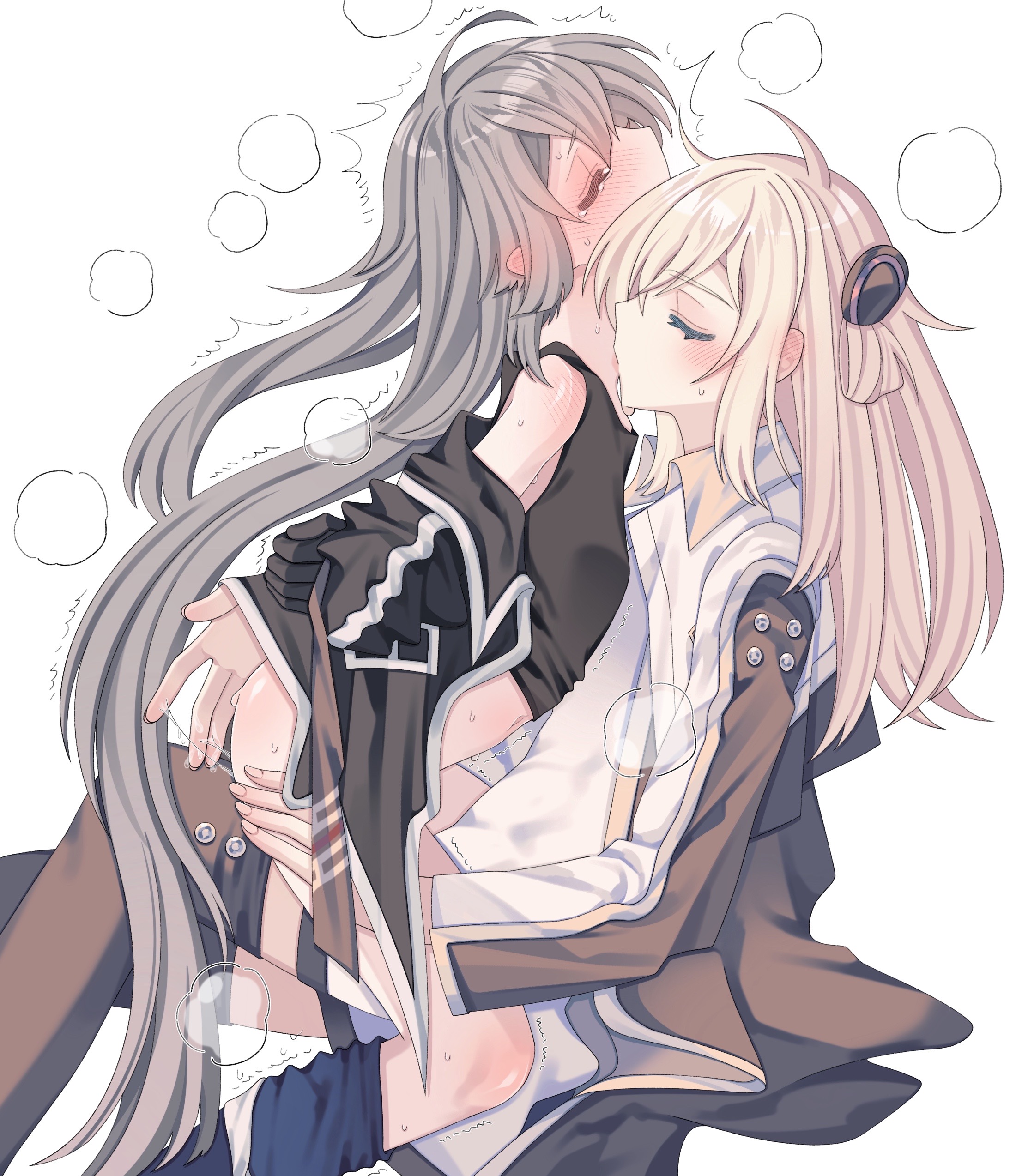emptyayya, sky striker ace – raye, sky striker ace – roze, yu-gi-oh!, absurdres, chinese commentary, commentary request, highres, 2girls, blonde hair, blush, breasts, closed eyes, clothed masturbation, clothed sex, collared dress, dress, duel monster, female ejaculation, female masturbation, fingering, grey hair, head steam, long hair, long sleeves, masturbation, multiple girls, pussy, pussy juice, simple background, spread legs, sweat, two-tone dress, white background, yuri